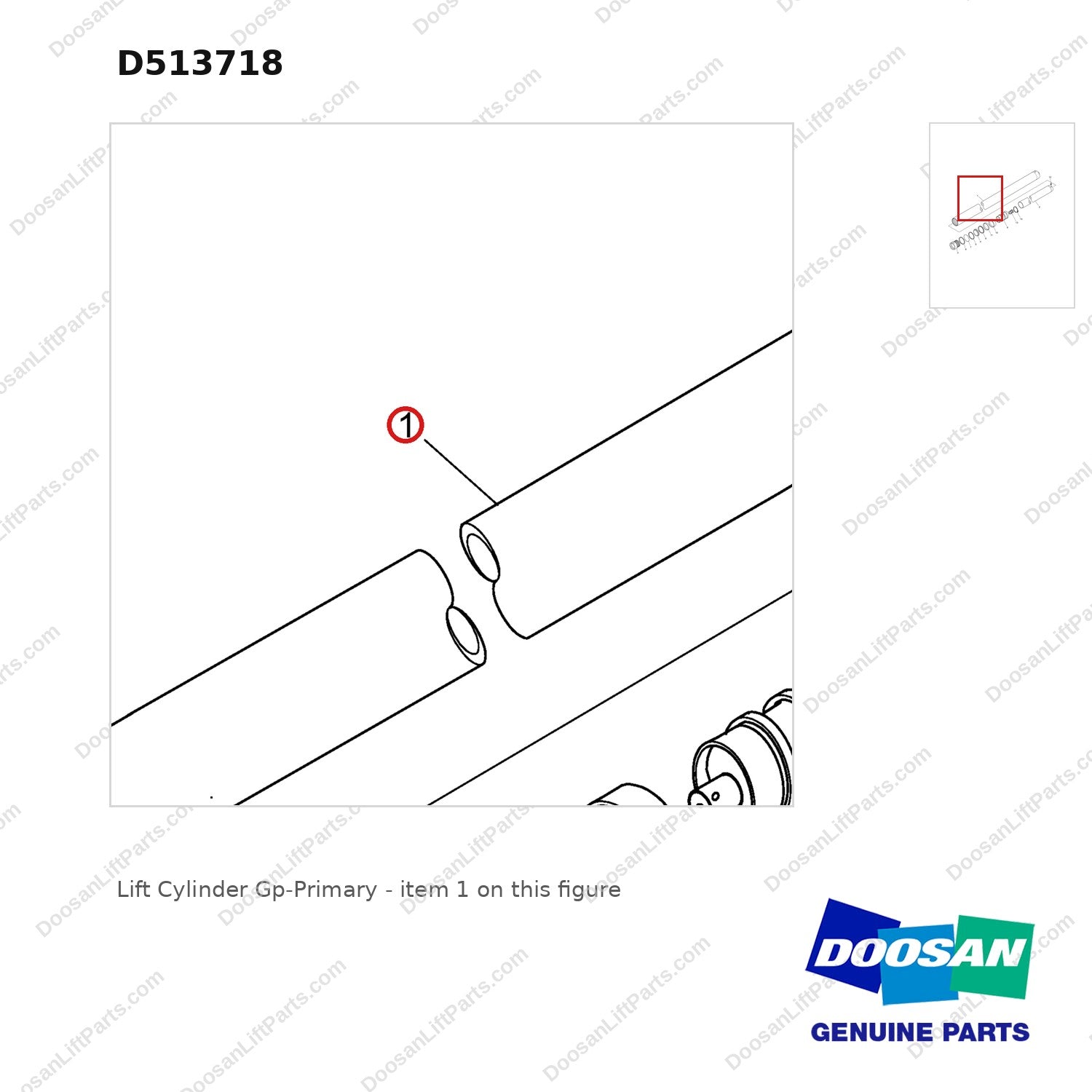 D513718 Lift Cylinder Gp-Primary - parts diagram, item 1 shown - genuine Doosan / Bobcat forklift part