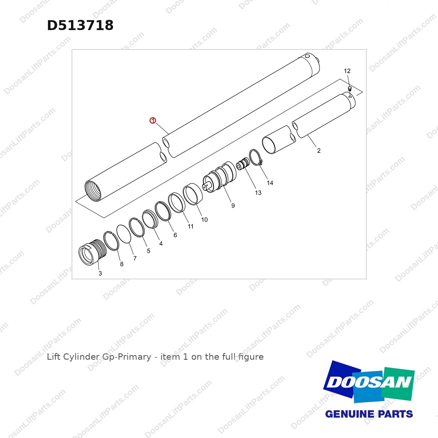 D513718 Lift Cylinder Gp-Primary - full parts diagram, item 1 marked - genuine Doosan / Bobcat forklift part