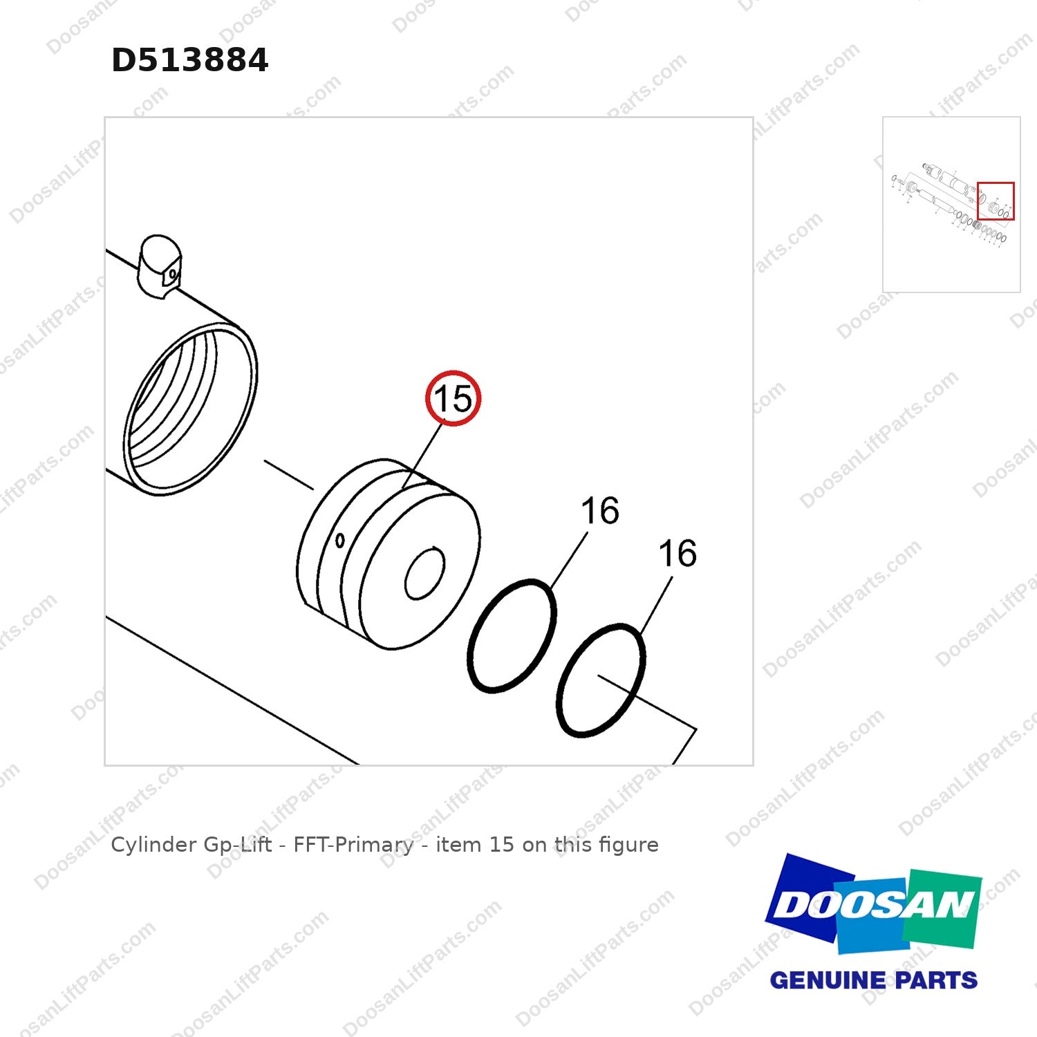 D513884 Cylinder Gp-Lift - FFT-Primary - parts diagram, item 15 shown - genuine Doosan / Bobcat forklift part