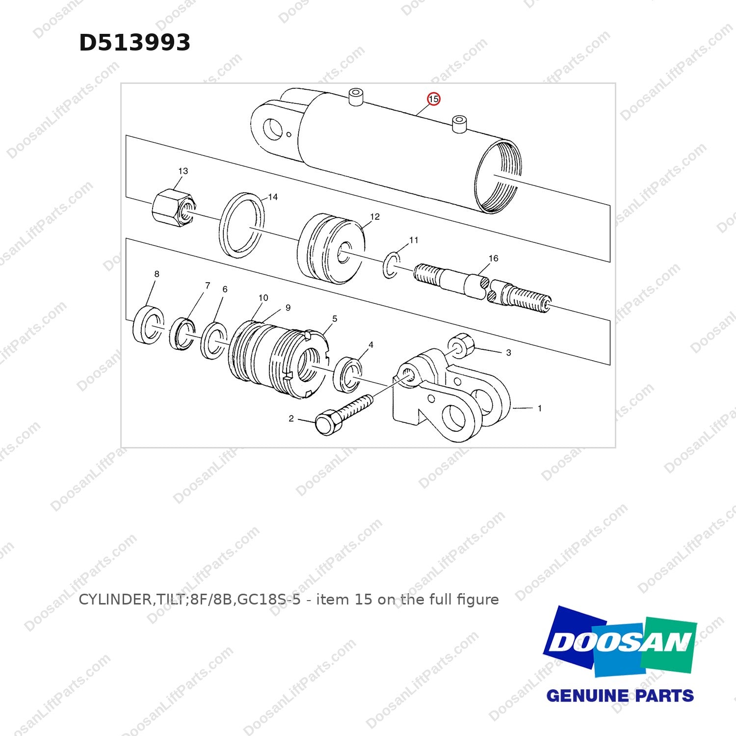 D513993 CYLINDER,TILT;8F/8B,GC18S-5 - full parts diagram, item 15 marked - genuine Doosan / Bobcat forklift part
