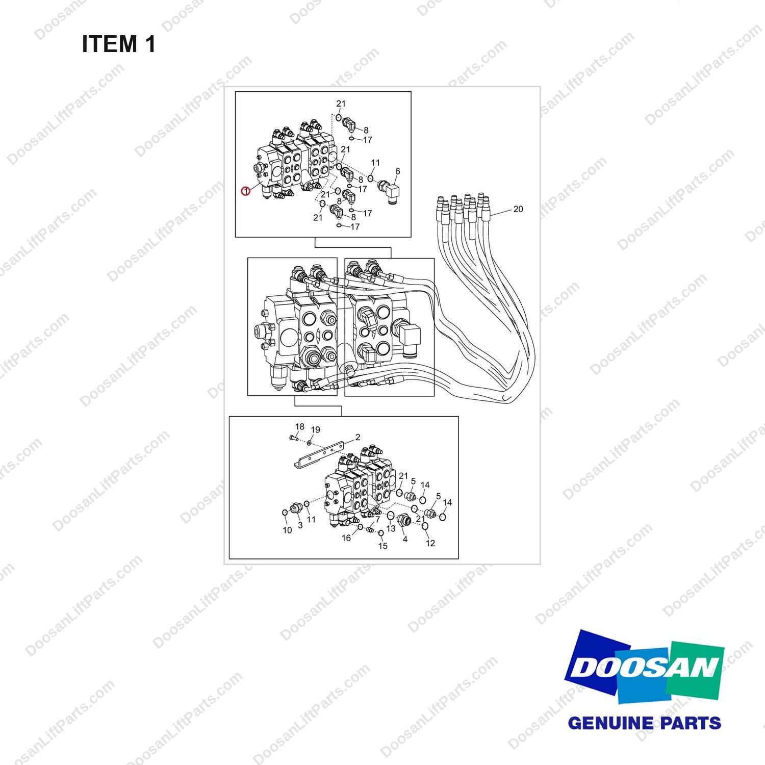 D514172 Main Control Valve Sub Ass'y-4 Spool - full parts diagram, item 1 marked - genuine Doosan / Bobcat forklift part