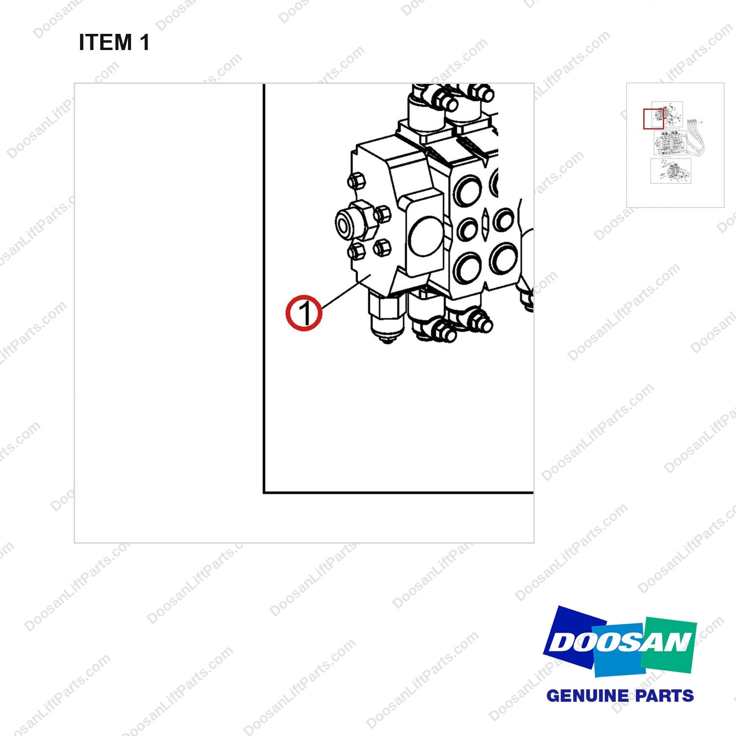 D514172 Main Control Valve Sub Ass'y-4 Spool - parts diagram, item 1 shown - genuine Doosan / Bobcat forklift part