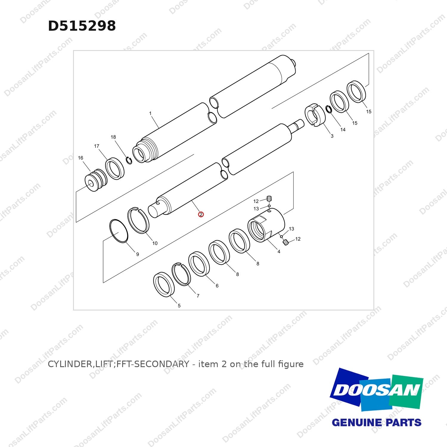 D515298 CYLINDER,LIFT;FFT-SECONDARY - full parts diagram, item 2 marked - genuine Doosan / Bobcat forklift part