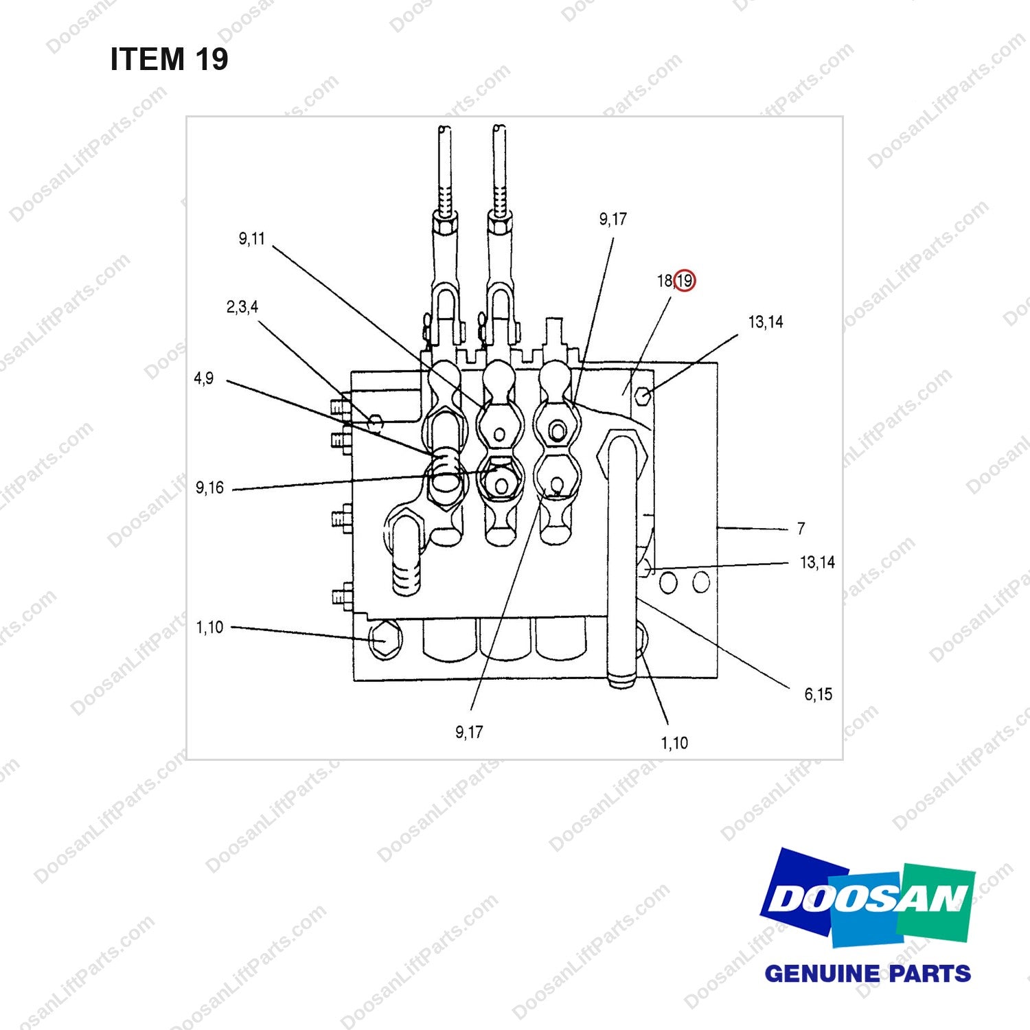 D516038 VALVE AR-2 WAY - (1/2)-D60(EEC DELIVERED TRUCK ONLY) - full parts diagram, item 19 marked - genuine Doosan / Bobcat forklift part