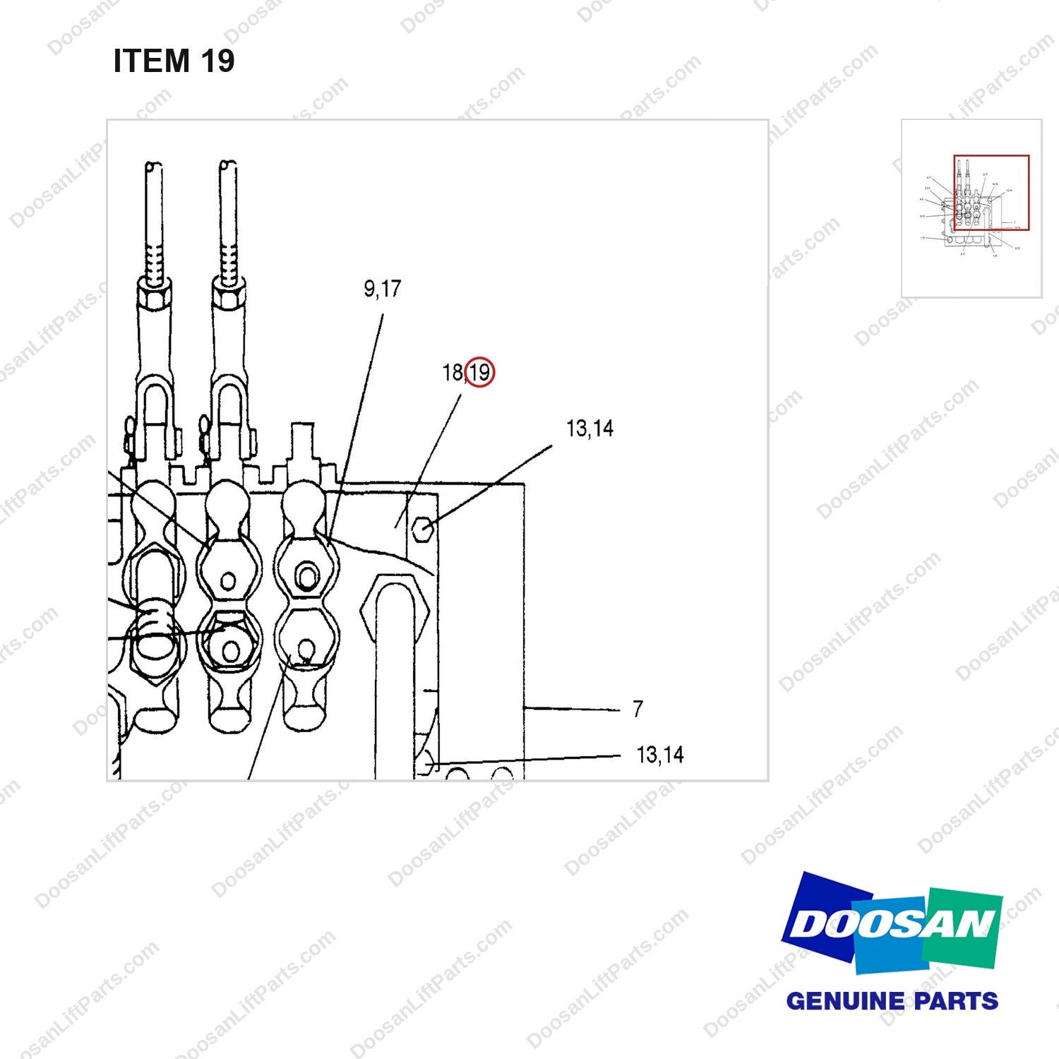 D516038 VALVE AR-2 WAY - (1/2)-D60(EEC DELIVERED TRUCK ONLY) - parts diagram, item 19 shown - genuine Doosan / Bobcat forklift part