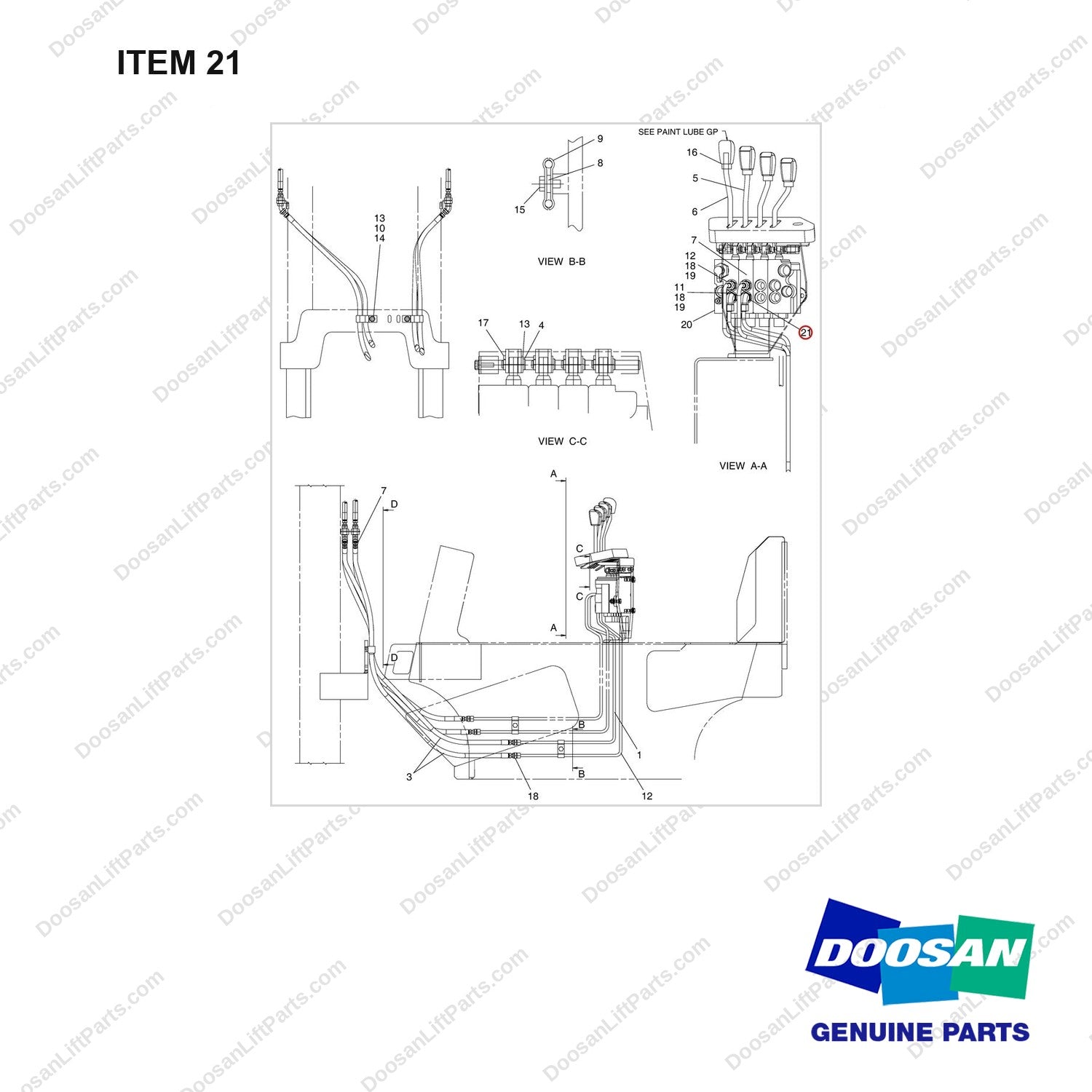 D516046 CHANGE OVER AR.3 SEC TO 4 SEC - full parts diagram, item 21 marked - genuine Doosan / Bobcat forklift part