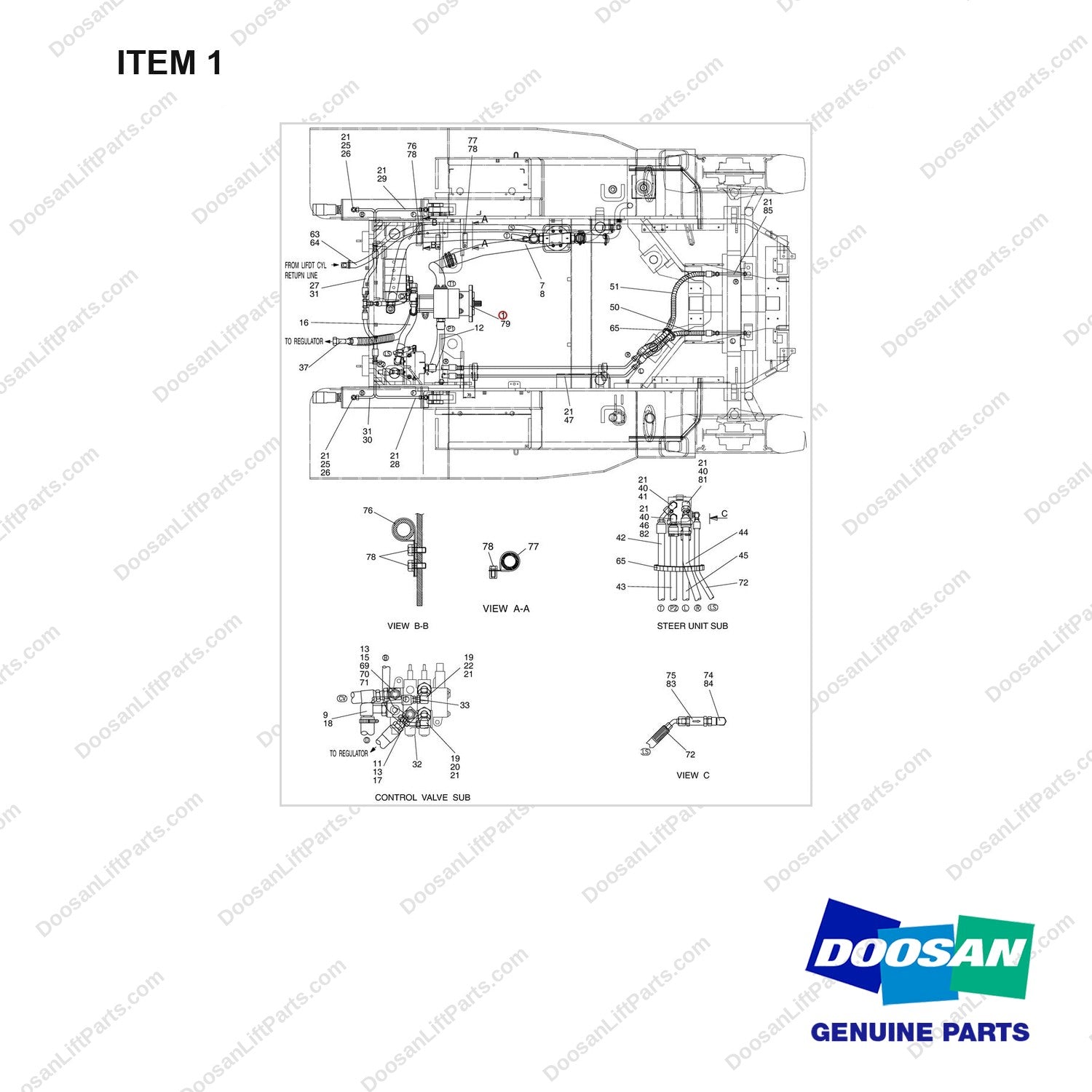 D516903 LINES GP-M.O - SHOE PART 1 OF 2 - full parts diagram, item 1 marked - genuine Doosan / Bobcat forklift part