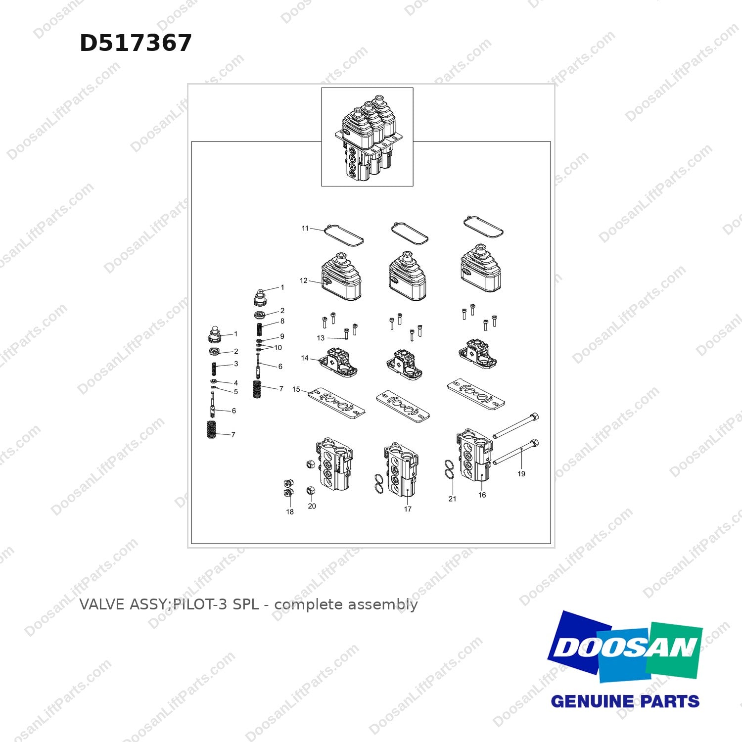 D517367 VALVE ASSY;PILOT-3 SPL - full parts diagram - genuine Doosan / Bobcat forklift part