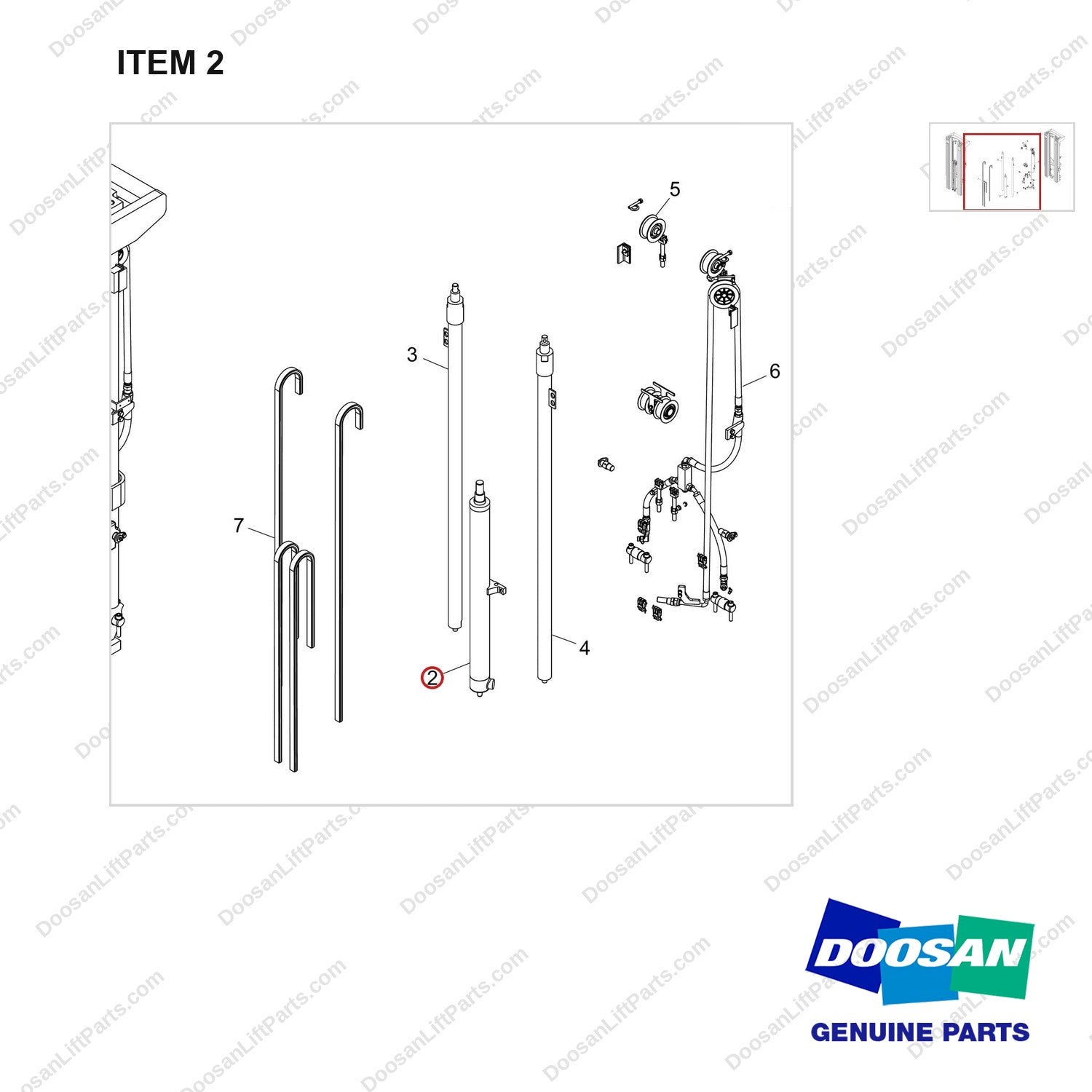 D518026 MAST AR.; FFT,  MFH 5655, OAL - parts diagram, item 2 shown - genuine Doosan / Bobcat forklift part