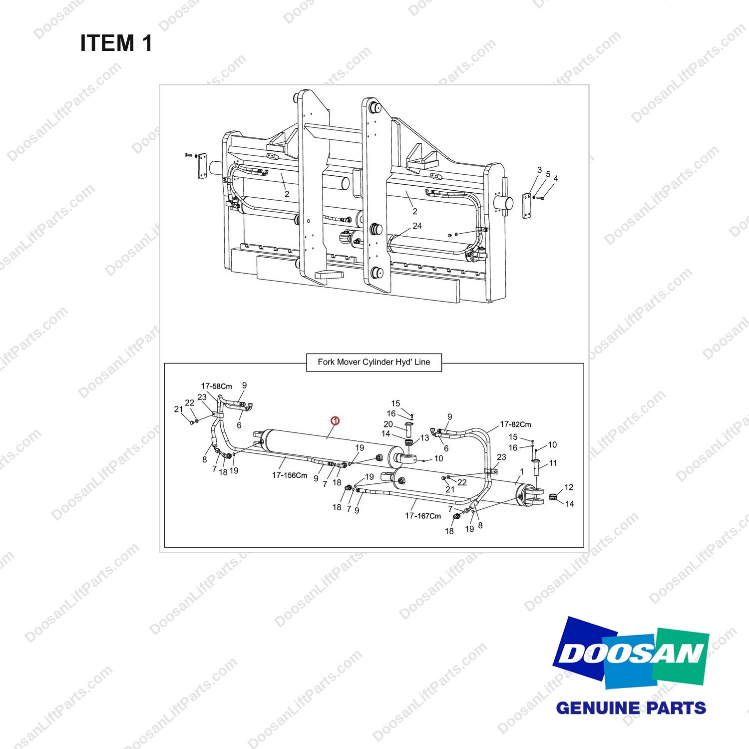 D518198 Mounting Gp-Fork-Independent Moving Type-4 Way - full parts diagram, item 1 marked - genuine Doosan / Bobcat forklift part