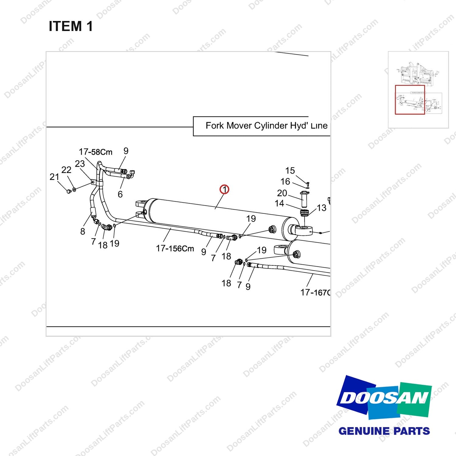 D518198 Mounting Gp-Fork-Independent Moving Type-4 Way - parts diagram, item 1 shown - genuine Doosan / Bobcat forklift part