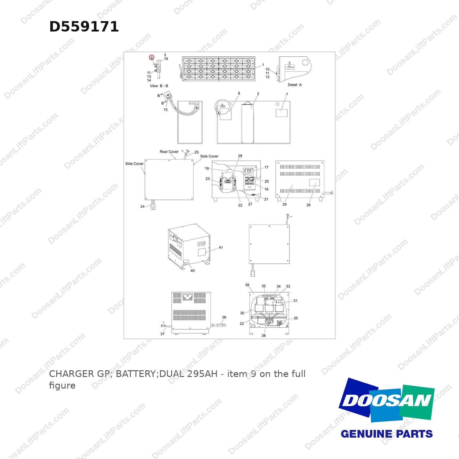 D559171 CHARGER GP; BATTERY;DUAL 295AH - full parts diagram, item 9 marked - genuine Doosan / Bobcat forklift part