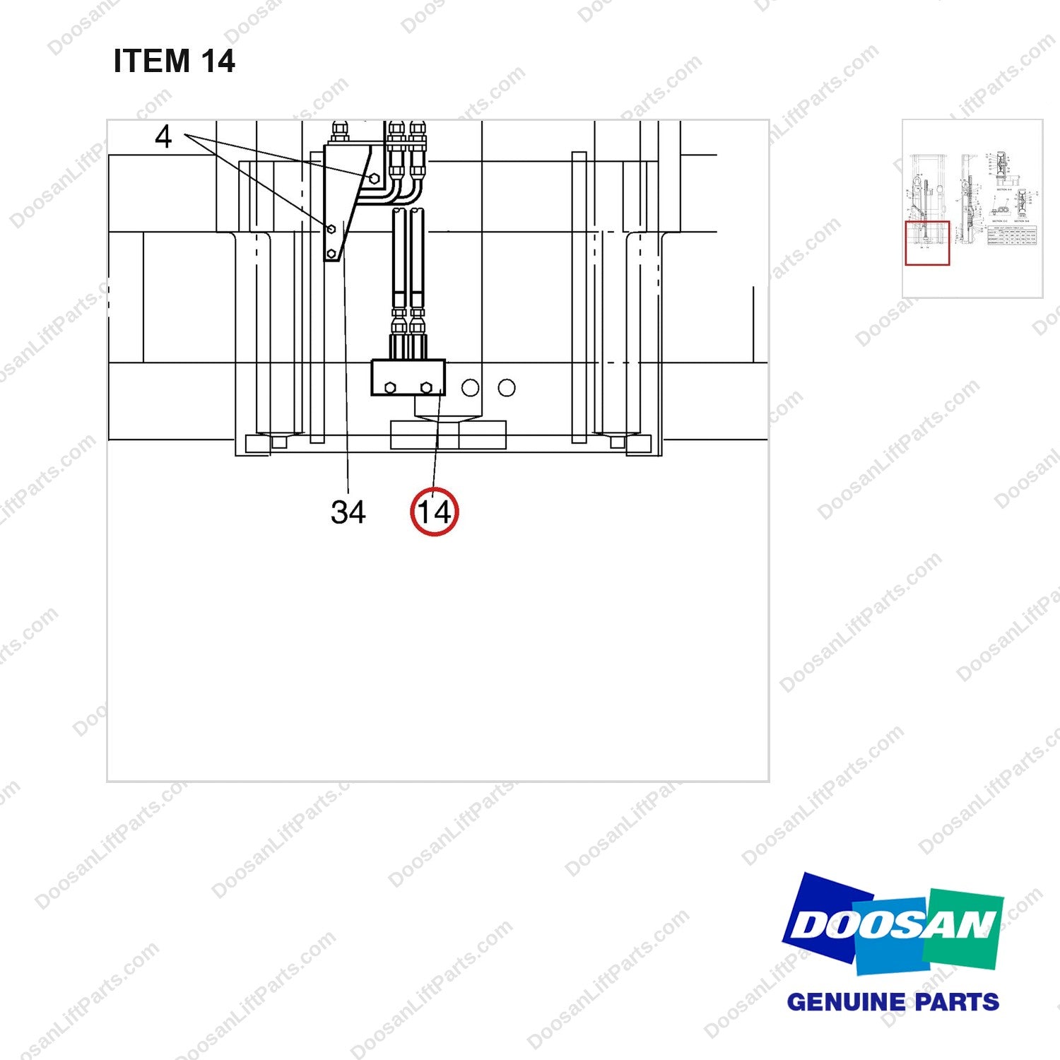 D580400 LINES GP-ATTACHMENT-3WAY - (FFL) - parts diagram, item 14 shown - genuine Doosan / Bobcat forklift part