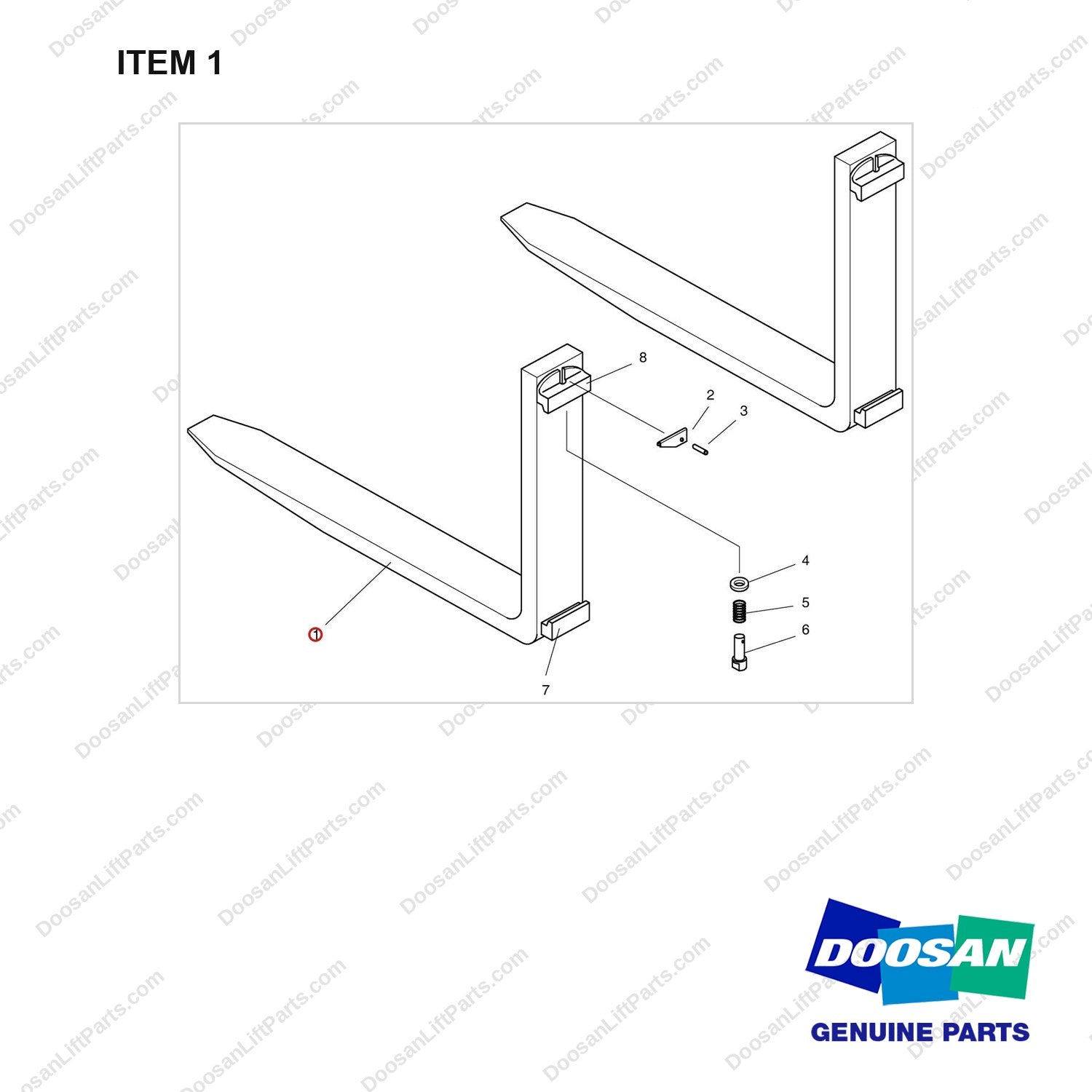 D580463 FORK GROUP - full parts diagram, item 1 marked - genuine Doosan / Bobcat forklift part