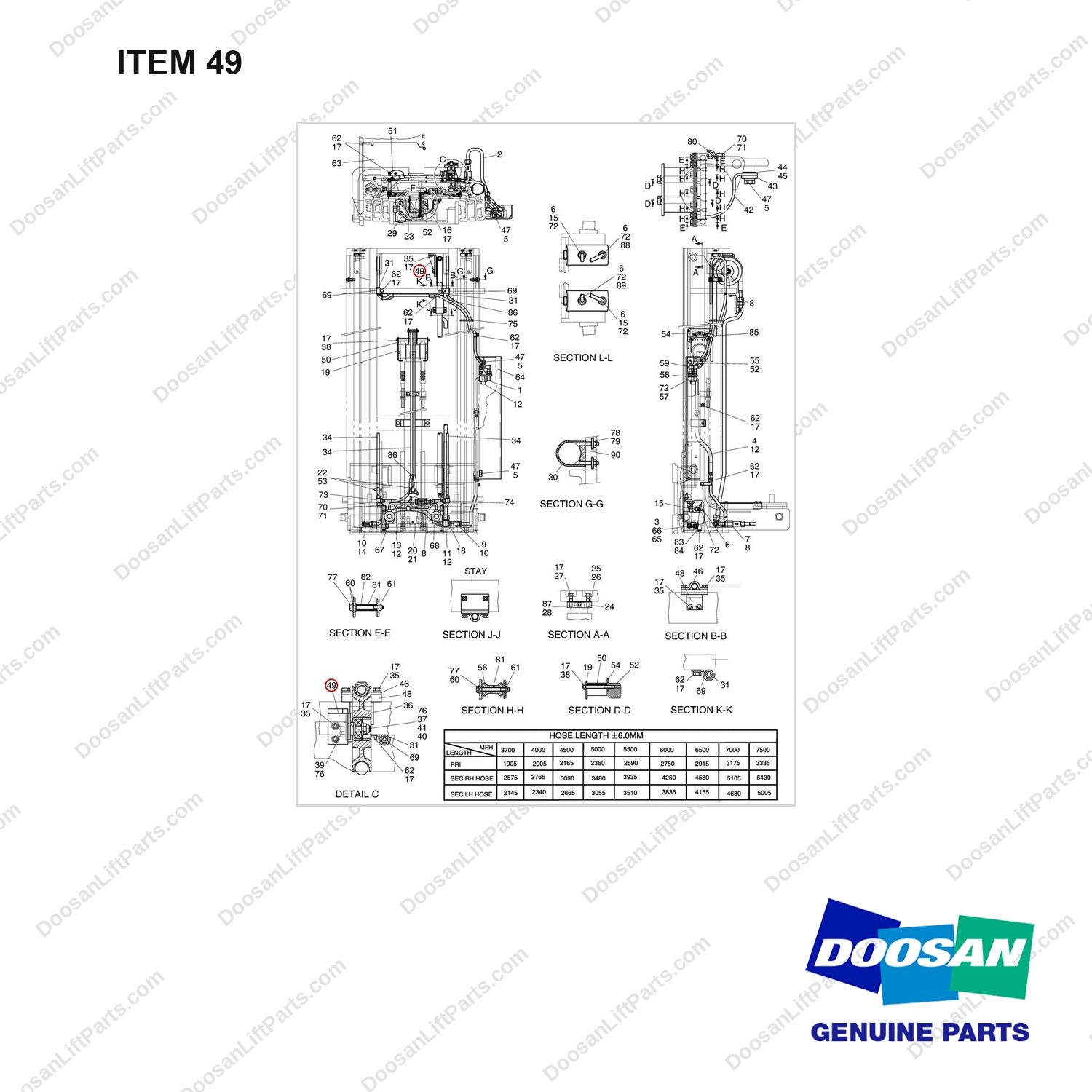 D581013 LIFT & TILT MOUNTING - FFT - full parts diagram, item 49 marked - genuine Doosan / Bobcat forklift part