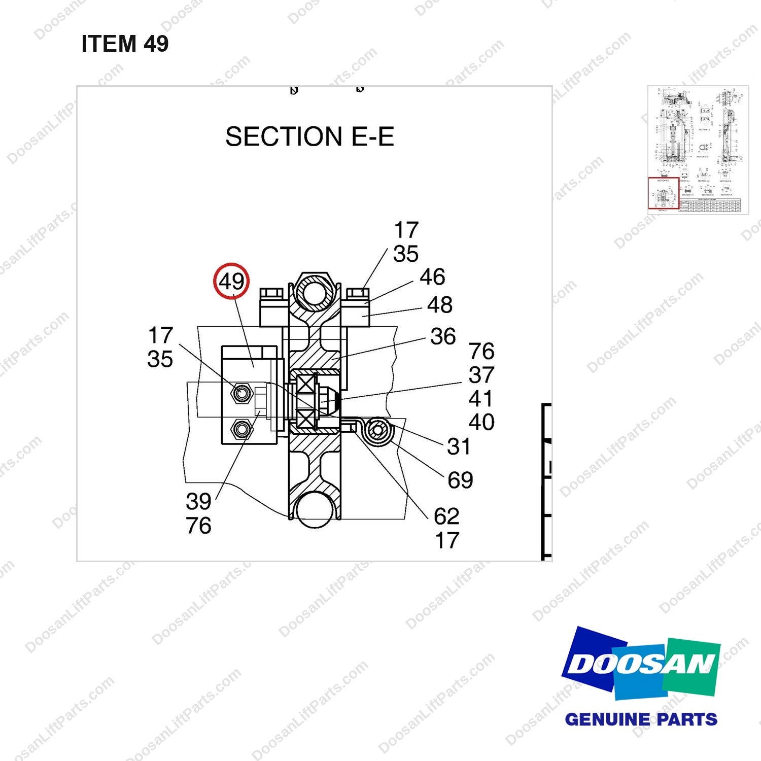 D581013 LIFT & TILT MOUNTING - FFT - parts diagram, item 49 shown - genuine Doosan / Bobcat forklift part