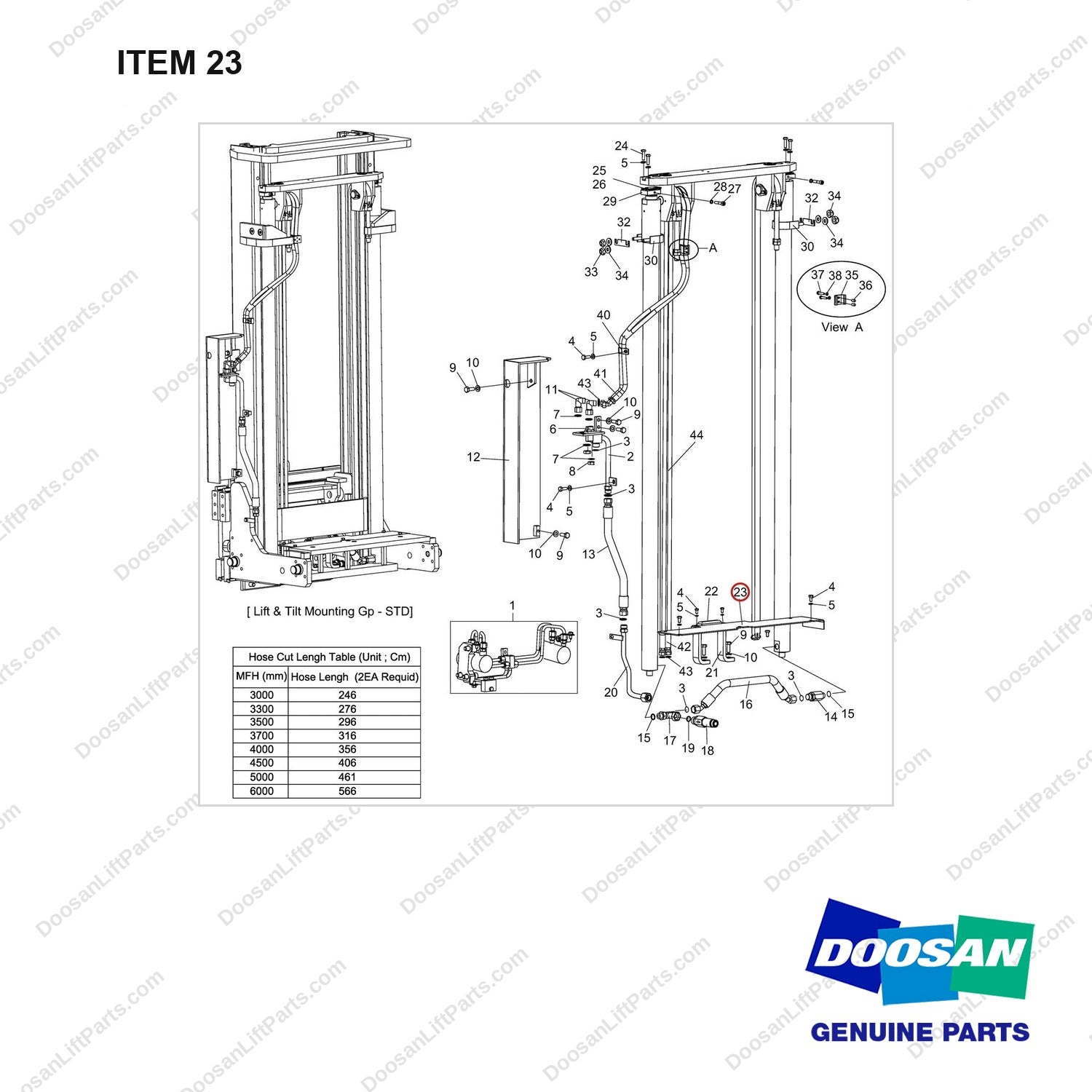 D581286 Lift & Tilt Mounting Gp - STD - full parts diagram, item 23 marked - genuine Doosan / Bobcat forklift part