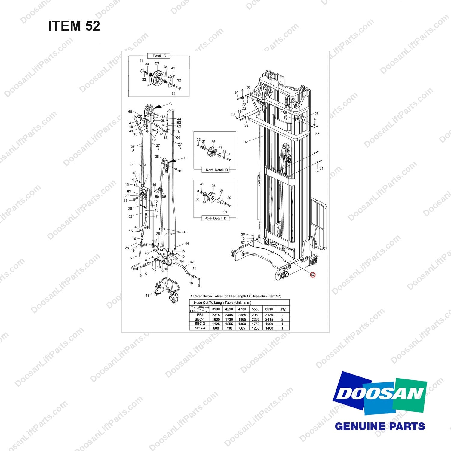 D581708 Lift & Tilt Mounting Gp - FFT - full parts diagram, item 52 marked - genuine Doosan / Bobcat forklift part