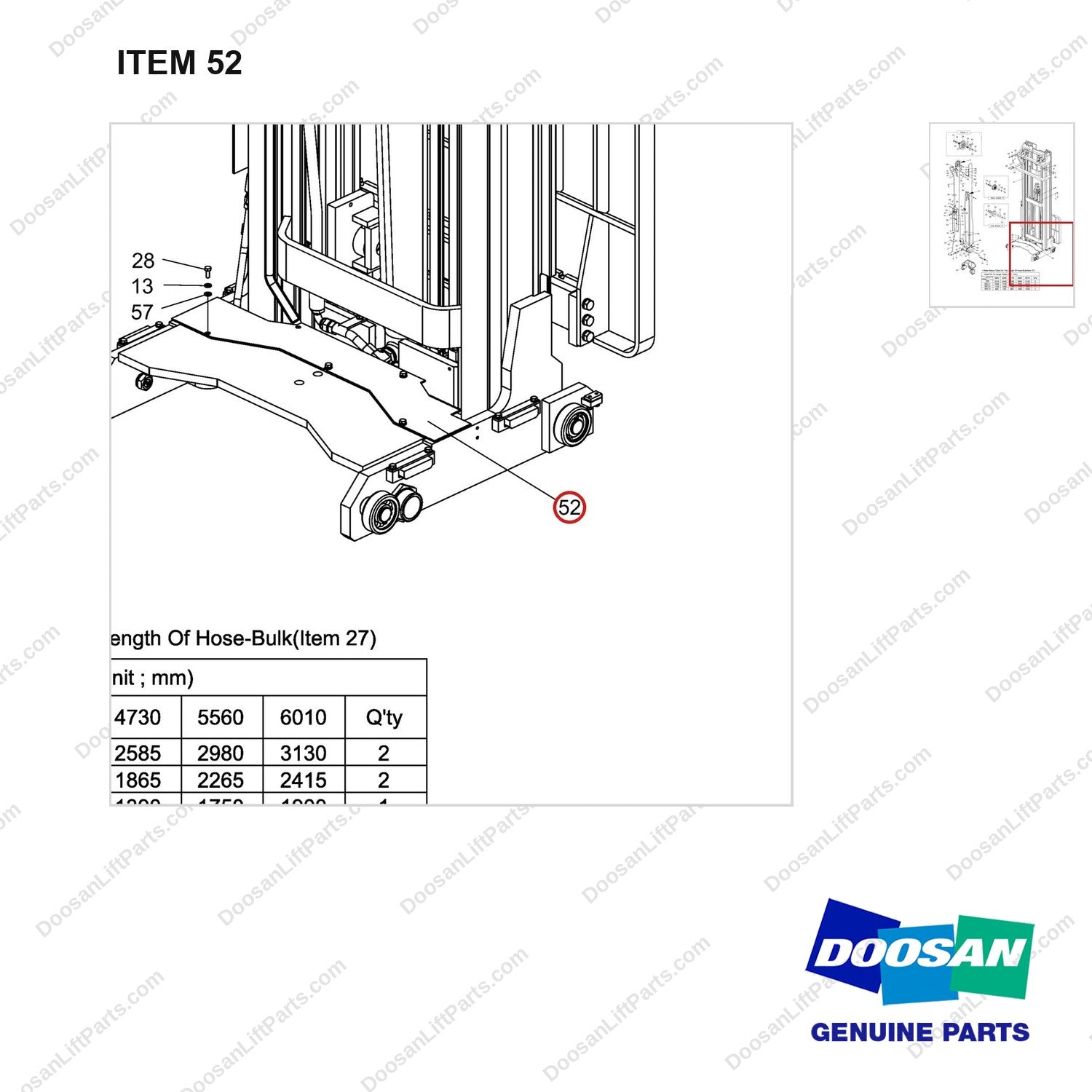 D581708 Lift & Tilt Mounting Gp - FFT - parts diagram, item 52 shown - genuine Doosan / Bobcat forklift part