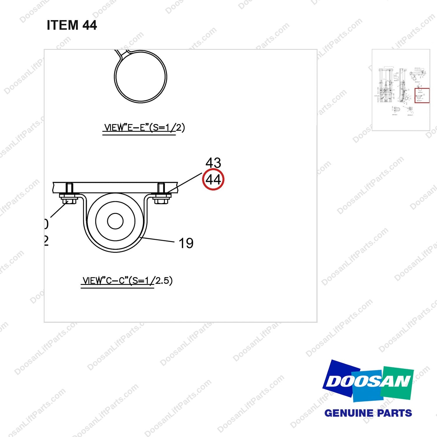 D581806 MOUNT GROUP,FFL,BASIC - parts diagram, item 44 shown - genuine Doosan / Bobcat forklift part