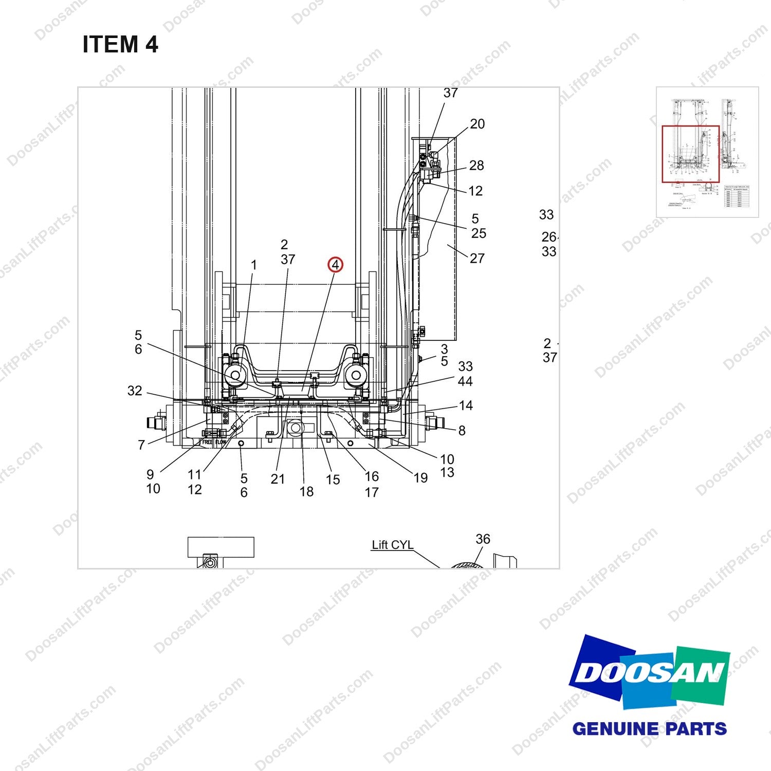 D582006 Lift & Tilt Mounting Gp - STD - parts diagram, item 4 shown - genuine Doosan / Bobcat forklift part