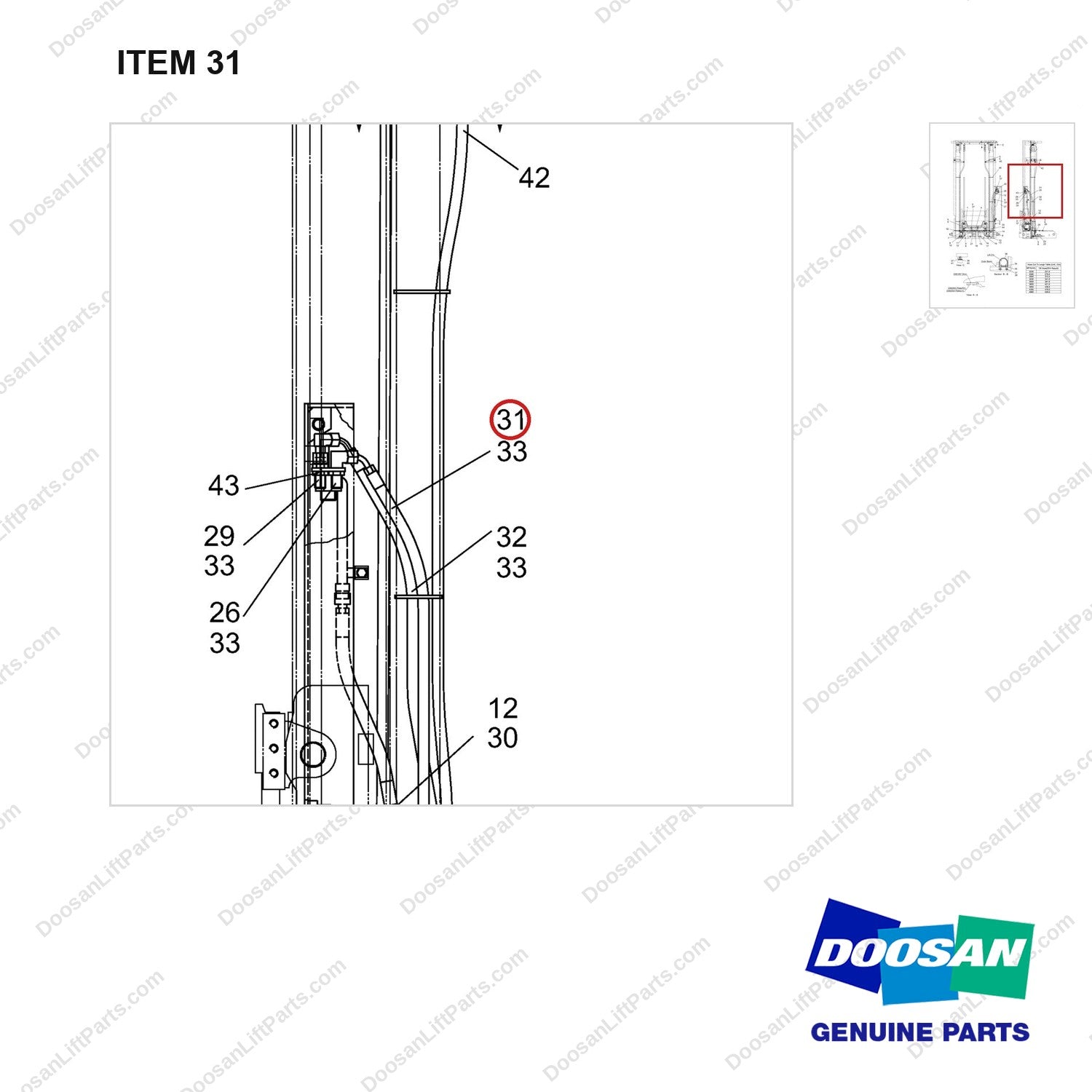 D583287 Lift & Tilt Mounting Gp - STD - parts diagram, item 31 shown - genuine Doosan / Bobcat forklift part