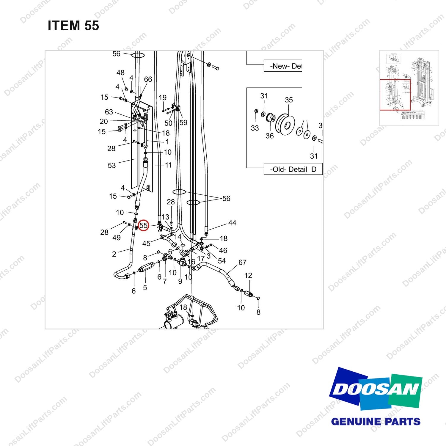 D584314 Lift & Tilt Mounting Gp - FFT - parts diagram, item 55 shown - genuine Doosan / Bobcat forklift part