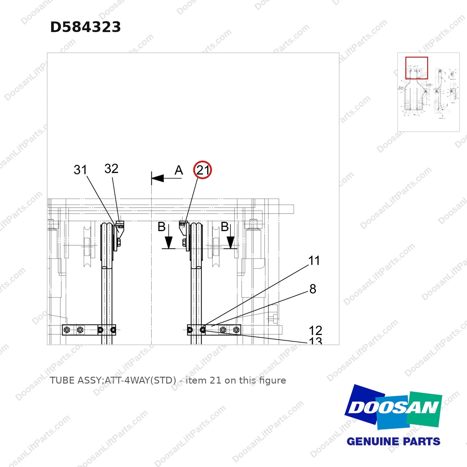 D584323 TUBE ASSY;ATT-4WAY(STD) - parts diagram, item 21 shown - genuine Doosan / Bobcat forklift part