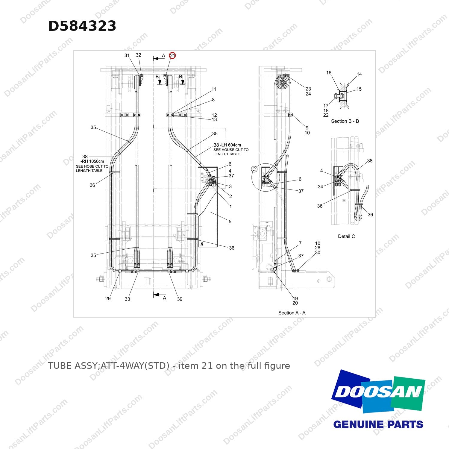 D584323 TUBE ASSY;ATT-4WAY(STD) - full parts diagram, item 21 marked - genuine Doosan / Bobcat forklift part
