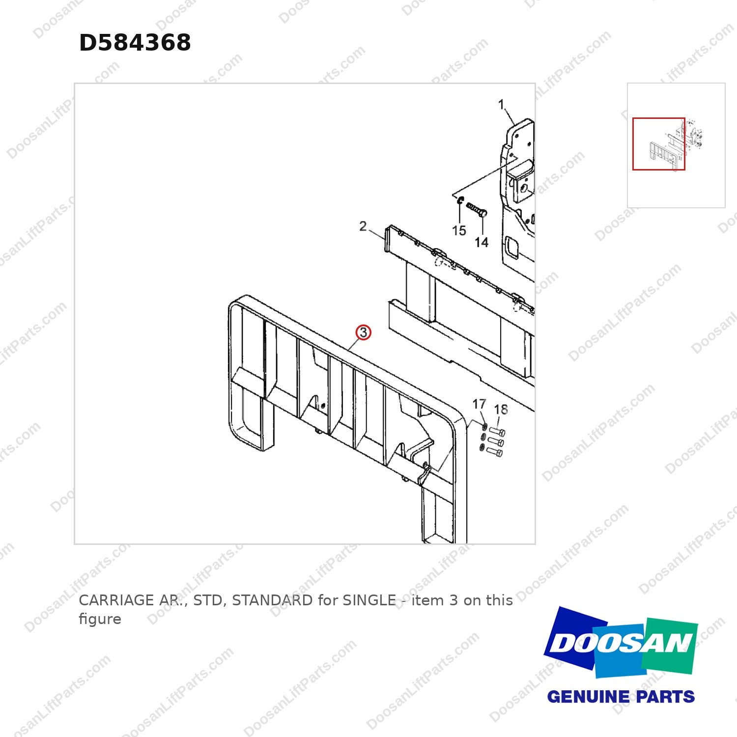 D584368 CARRIAGE AR., STD, STANDARD for SINGLE - parts diagram, item 3 shown - genuine Doosan / Bobcat forklift part