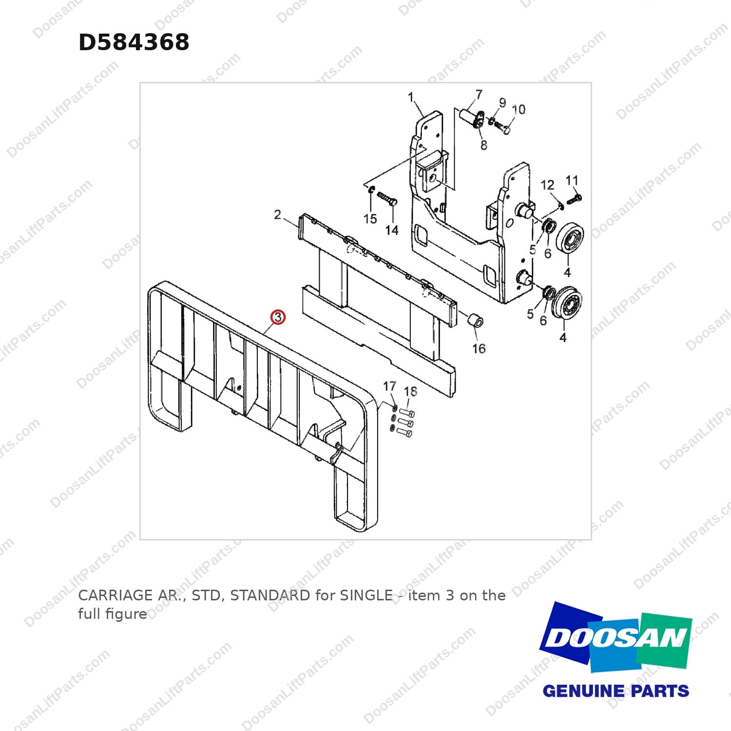 D584368 CARRIAGE AR., STD, STANDARD for SINGLE - full parts diagram, item 3 marked - genuine Doosan / Bobcat forklift part