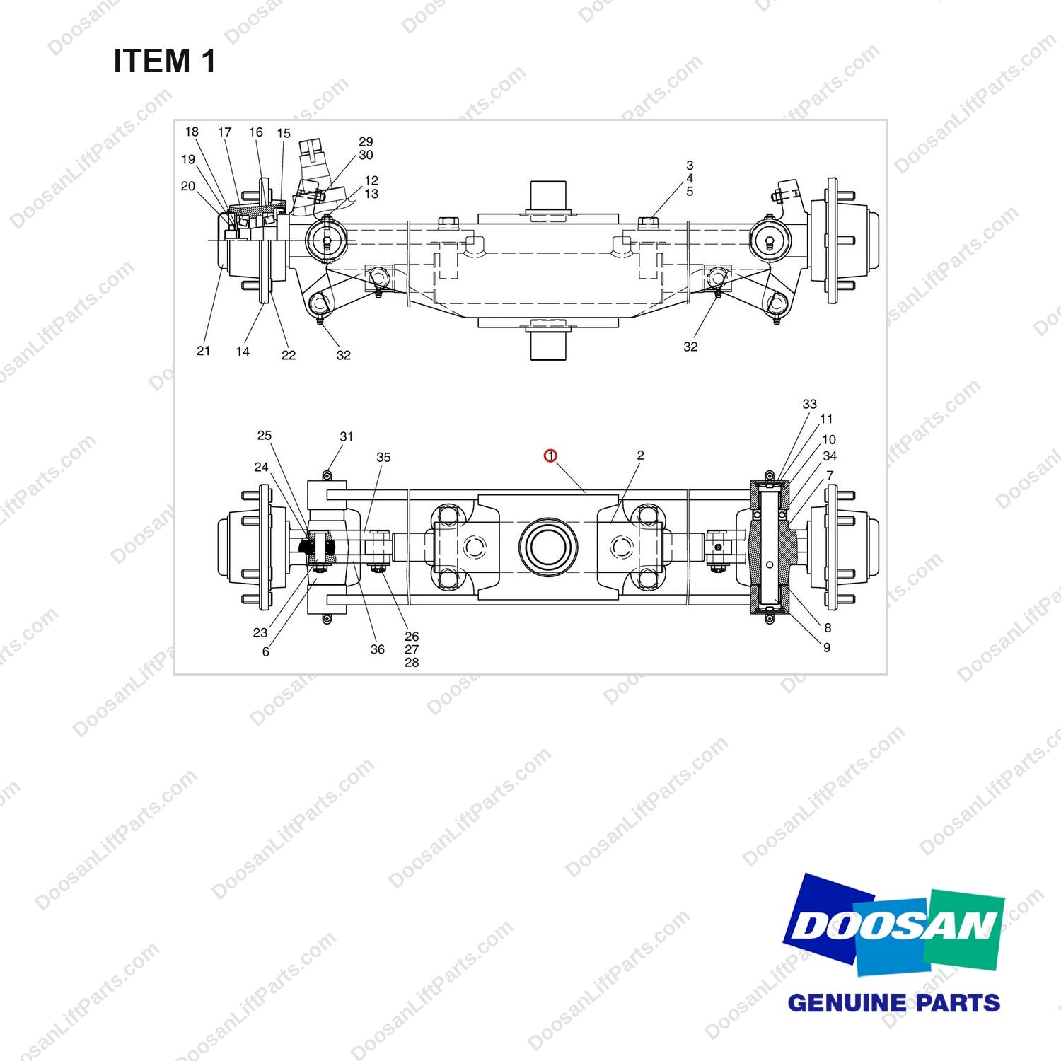 D600075 AXLE GP - full parts diagram, item 1 marked - genuine Doosan / Bobcat forklift part