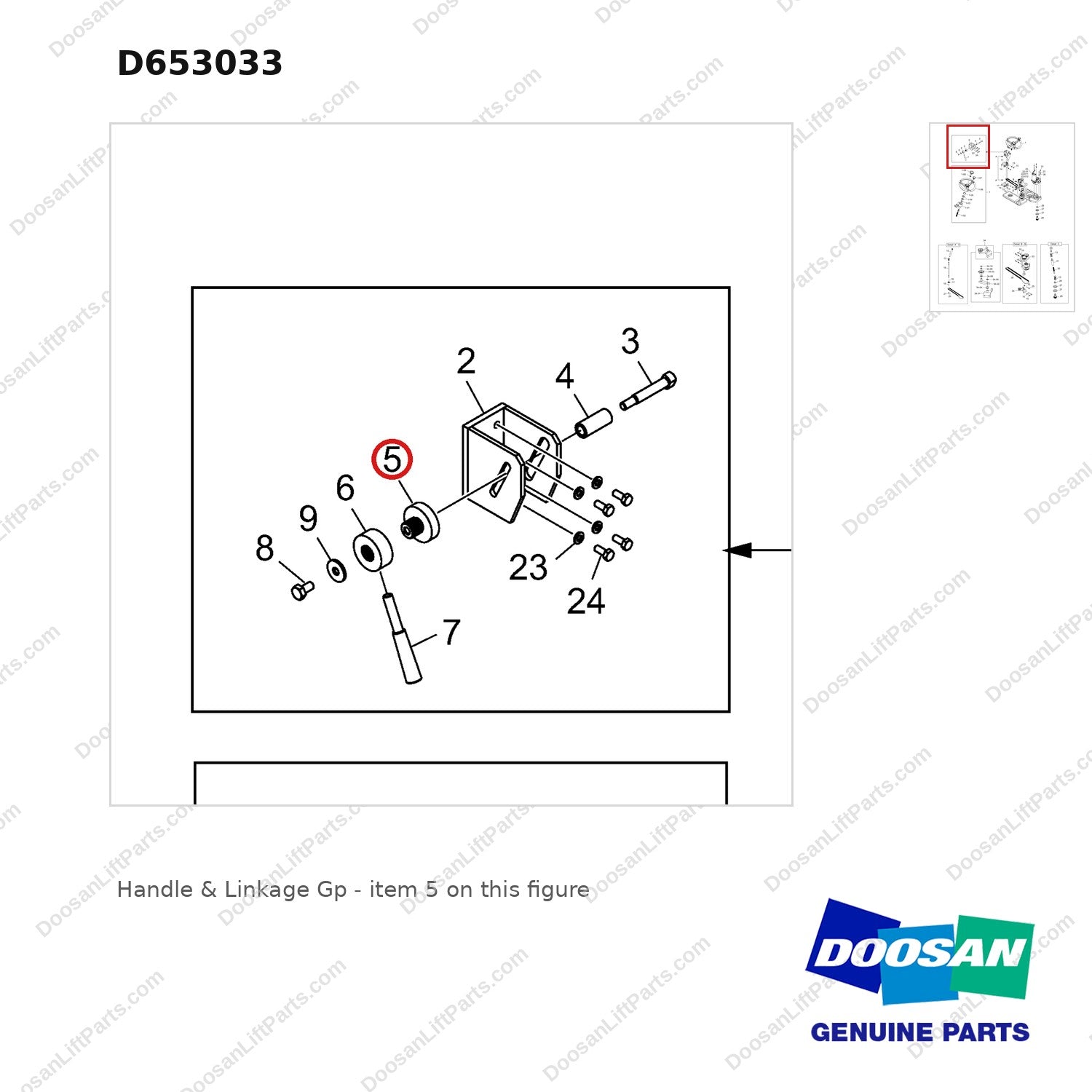 D653033 Handle & Linkage Gp - parts diagram, item 5 shown - genuine Doosan / Bobcat forklift part