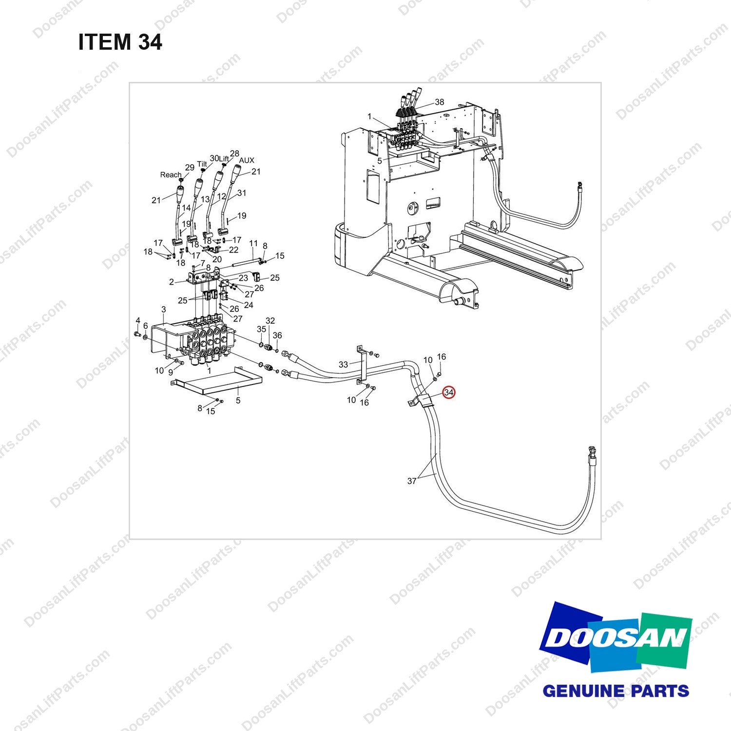 D655186 Valve Ar. - 4 Section - full parts diagram, item 34 marked - genuine Doosan / Bobcat forklift part