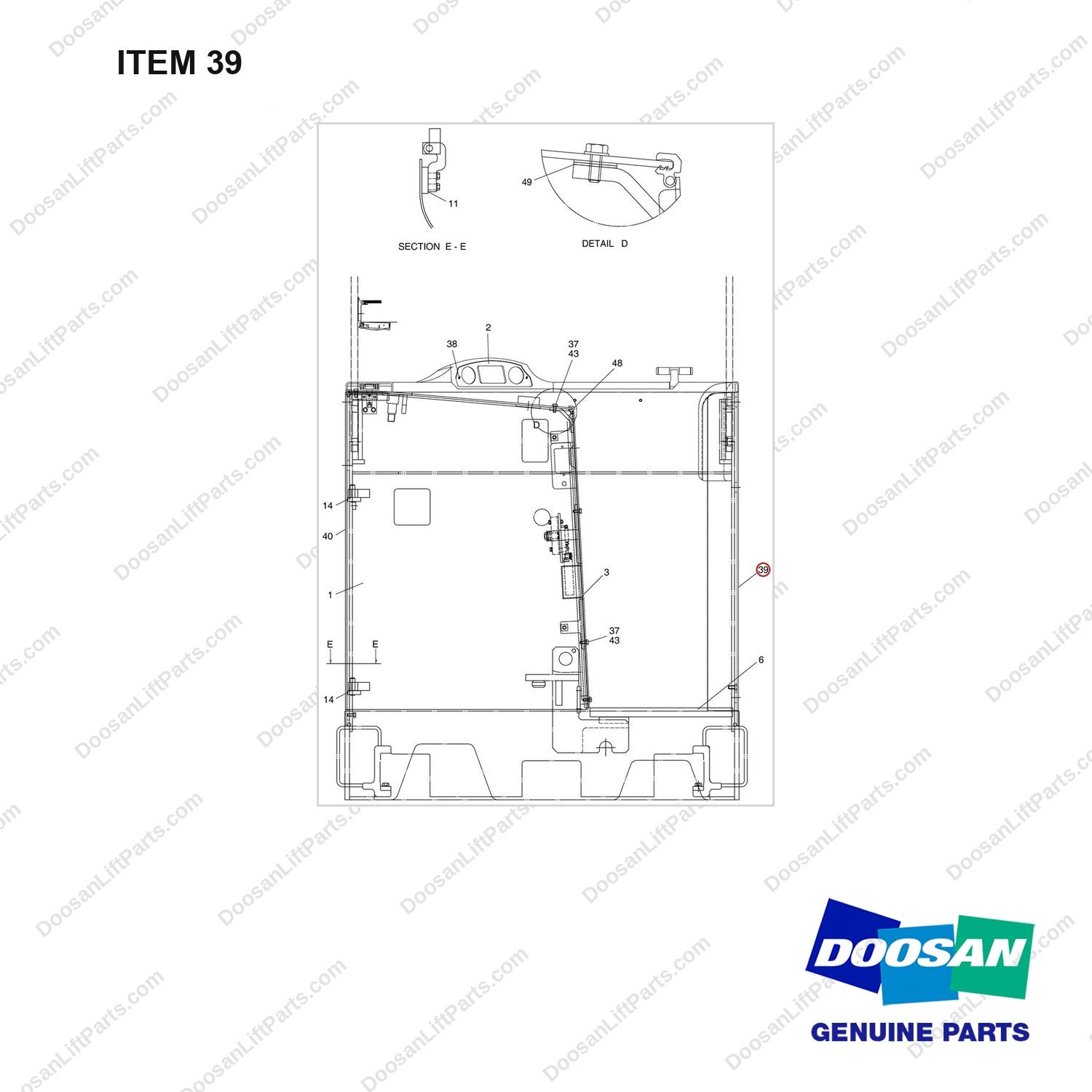D656103 OUTER PANEL GP - (PART 1 OF 3) - full parts diagram, item 39 marked - genuine Doosan / Bobcat forklift part
