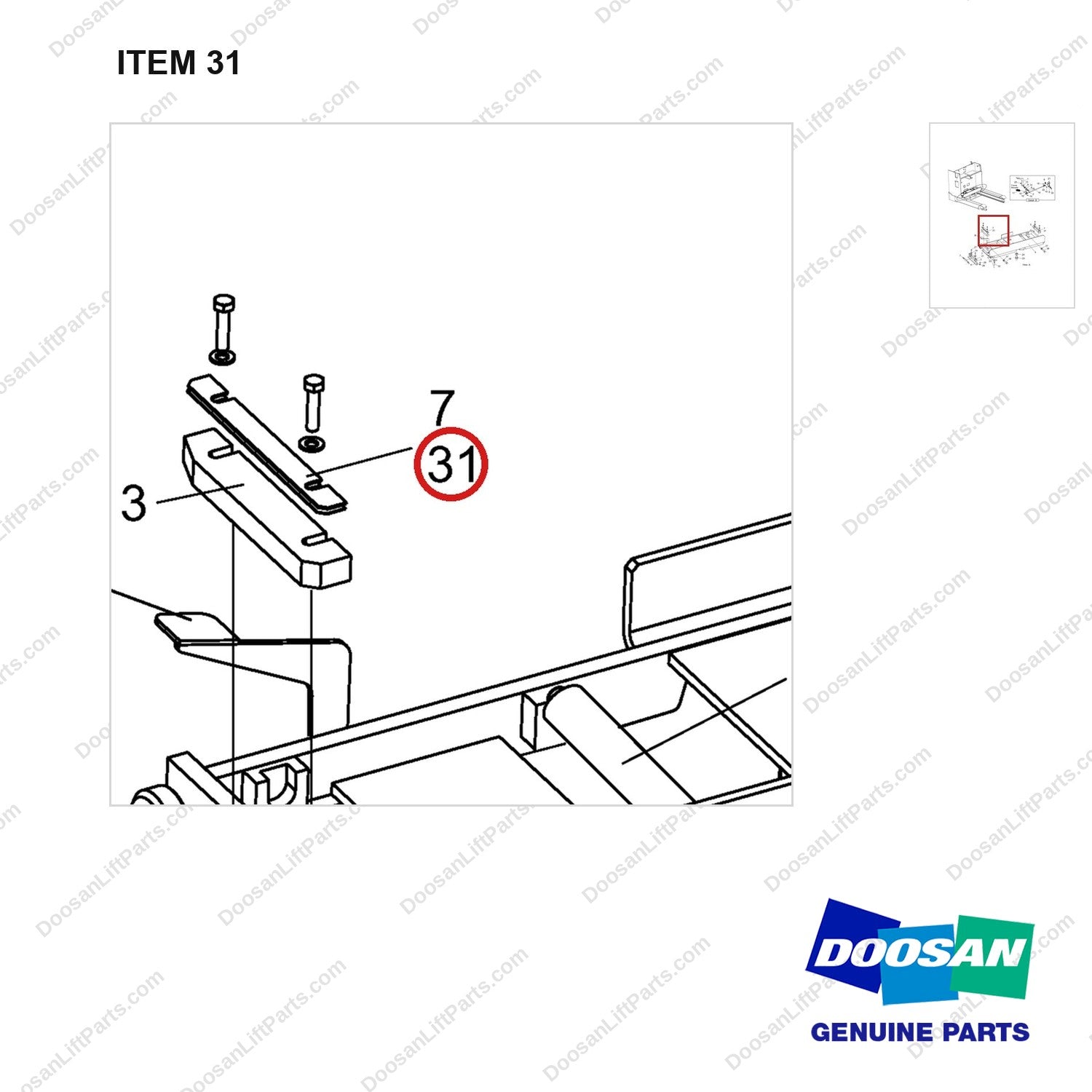 D657060 Battery Bed Gp - parts diagram, item 31 shown - genuine Doosan / Bobcat forklift part