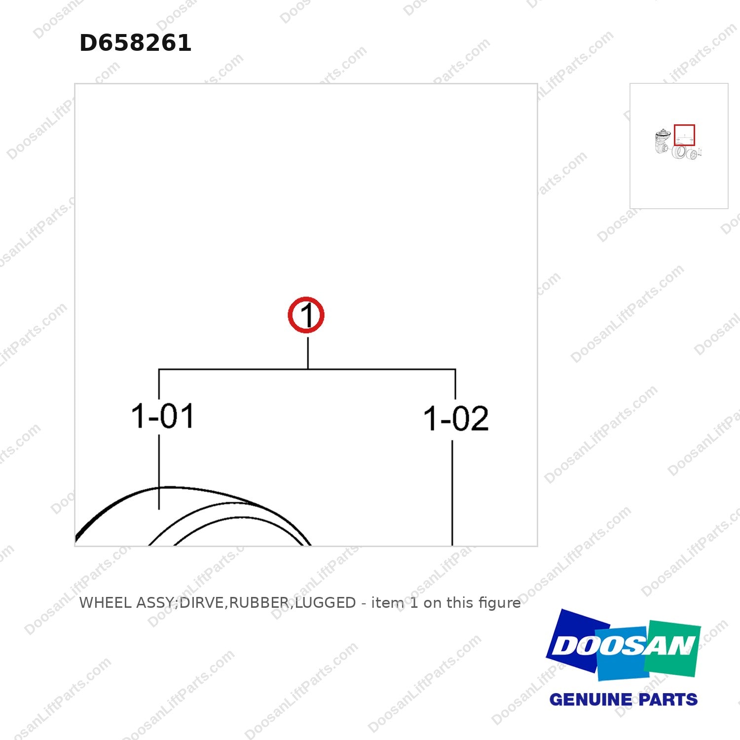 D658261 WHEEL ASSY;DIRVE,RUBBER,LUGGED - parts diagram, item 1 shown - genuine Doosan / Bobcat forklift part