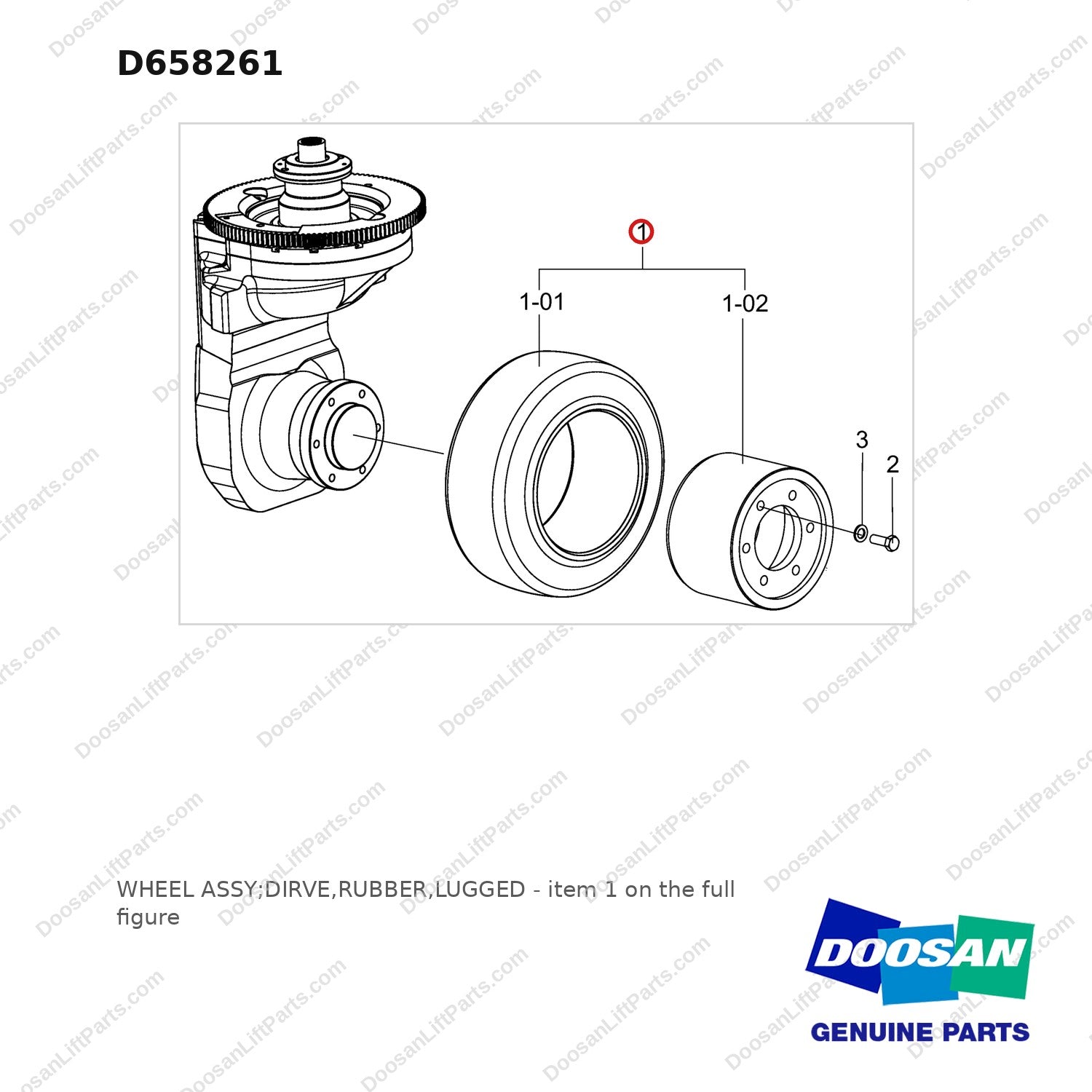 D658261 WHEEL ASSY;DIRVE,RUBBER,LUGGED - full parts diagram, item 1 marked - genuine Doosan / Bobcat forklift part
