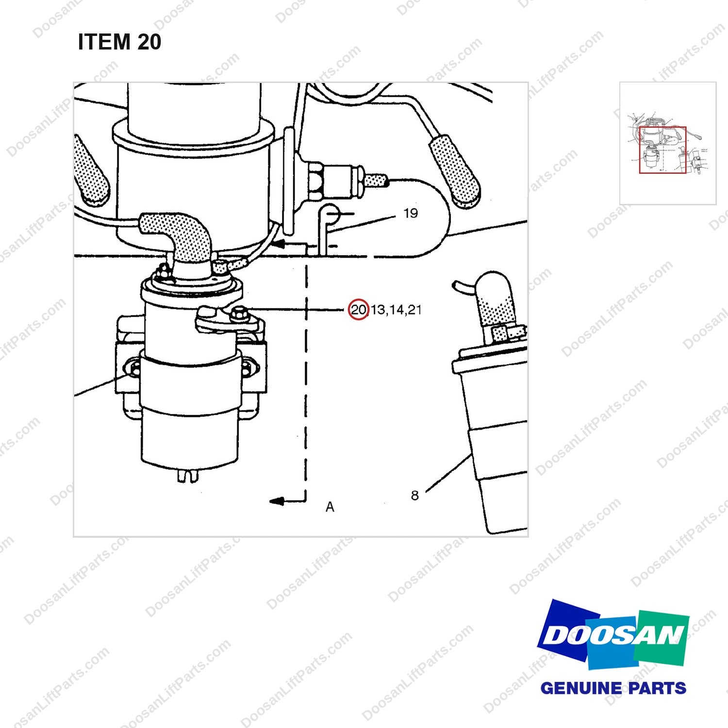 D700428 COIL & DISTRIBUTOR GP - parts diagram, item 20 shown - genuine Doosan / Bobcat forklift part