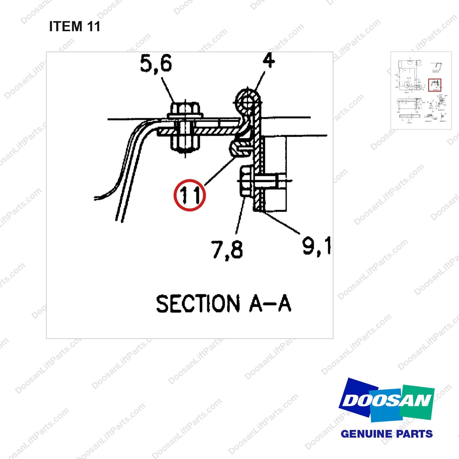 D700535 HOOD GP - parts diagram, item 11 shown - genuine Doosan / Bobcat forklift part