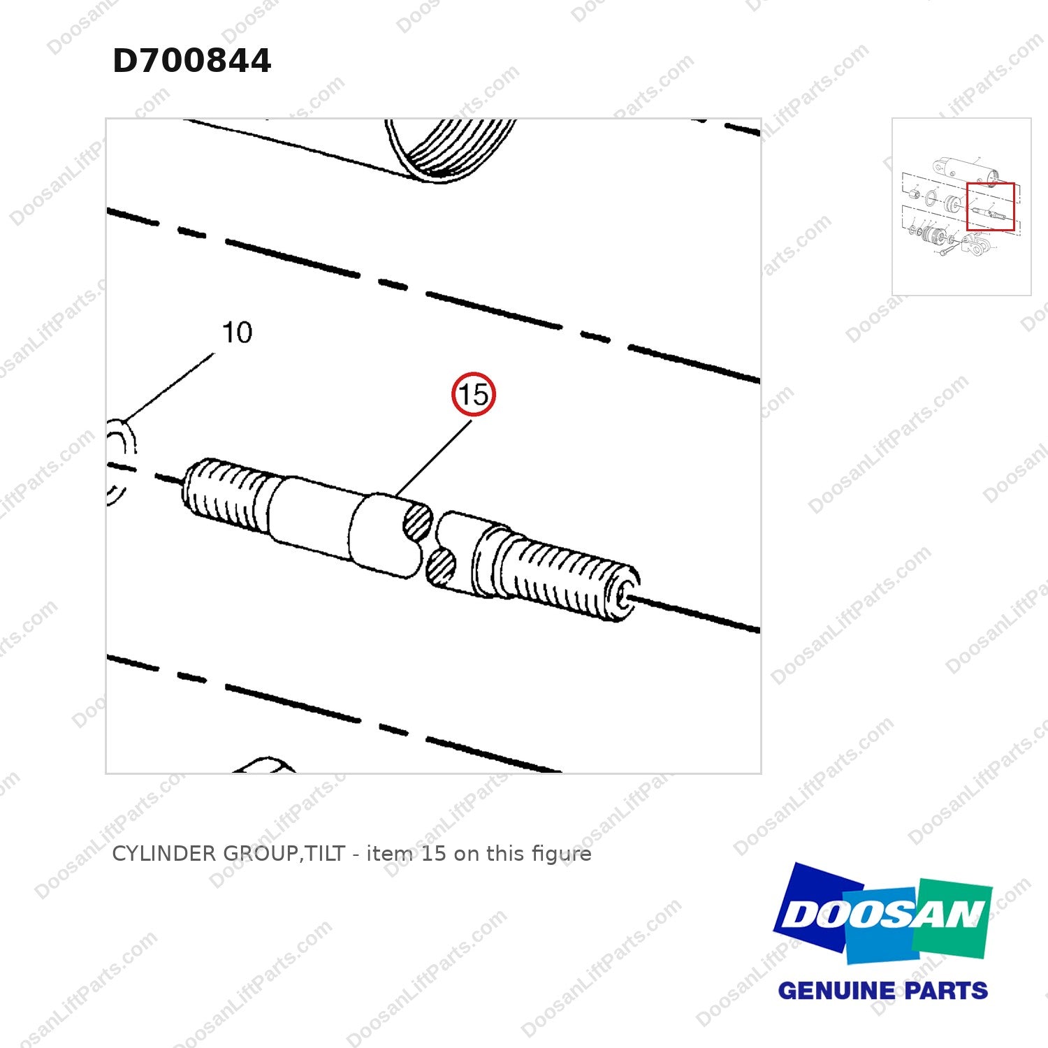 D700844 CYLINDER GROUP,TILT - parts diagram, item 15 shown - genuine Doosan / Bobcat forklift part