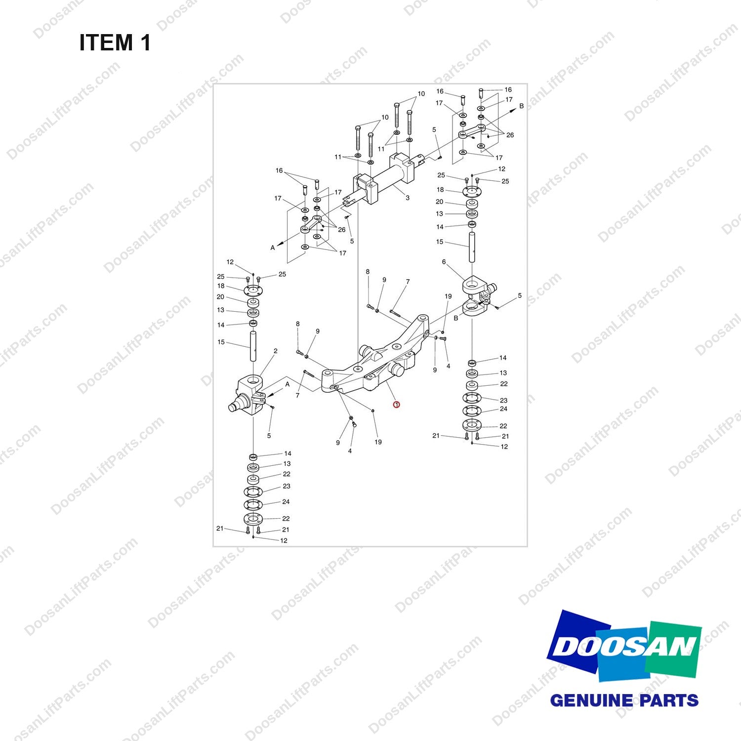 D700863 AXLE GP-STEER - full parts diagram, item 1 marked - genuine Doosan / Bobcat forklift part