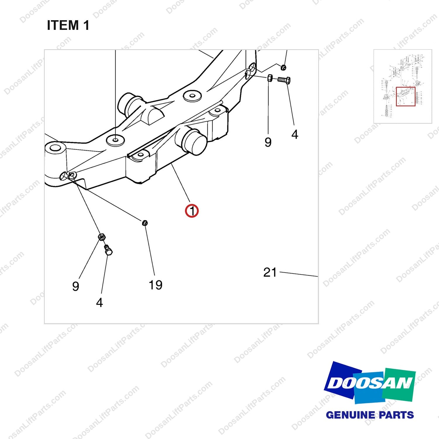 D700863 AXLE GP-STEER - parts diagram, item 1 shown - genuine Doosan / Bobcat forklift part