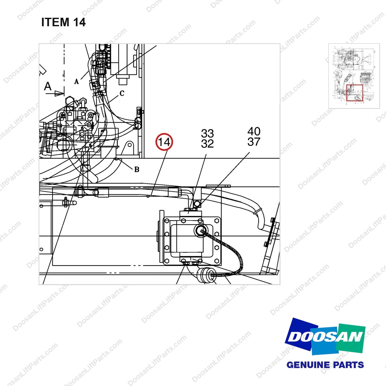 D700977 LINES GP-MAST OPERATING - parts diagram, item 14 shown - genuine Doosan / Bobcat forklift part