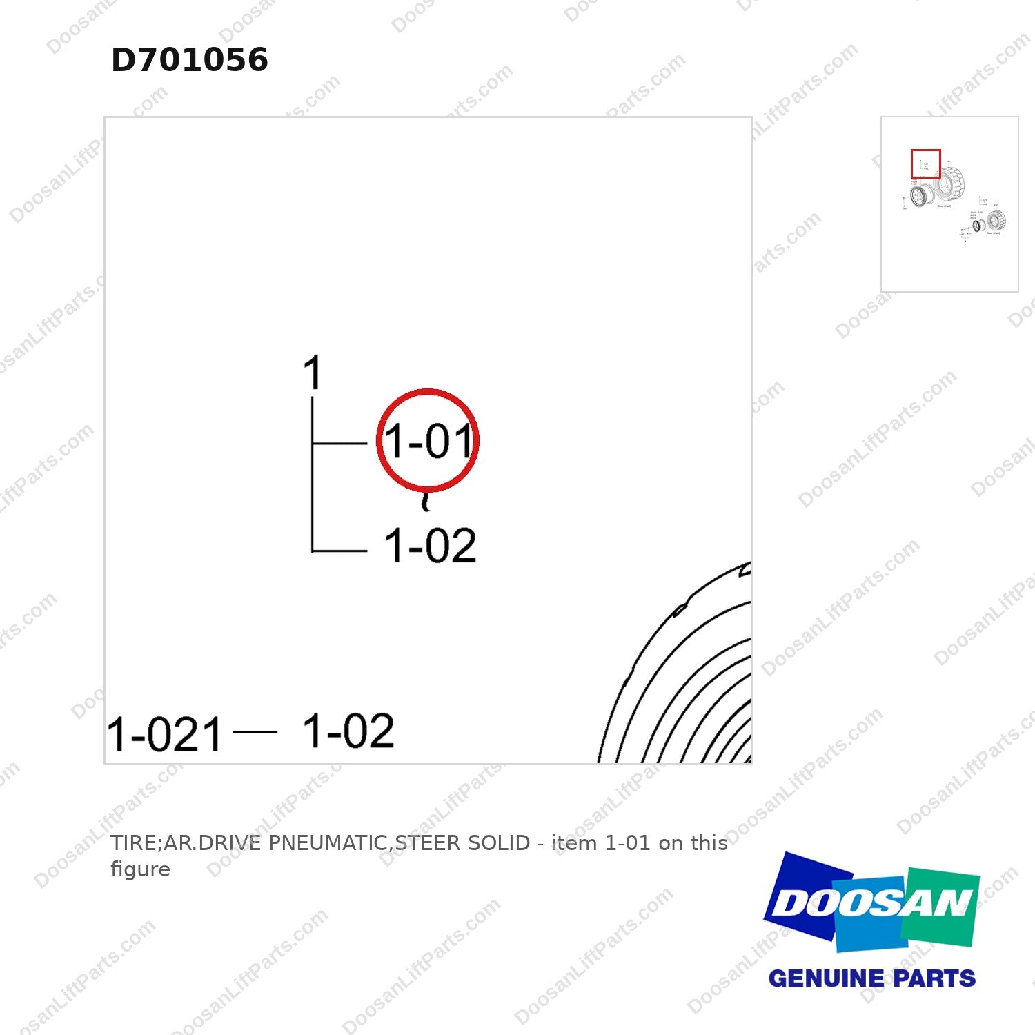 D701056 TIRE;AR.DRIVE PNEUMATIC,STEER SOLID - parts diagram, item 1-01 shown - genuine Doosan / Bobcat forklift part