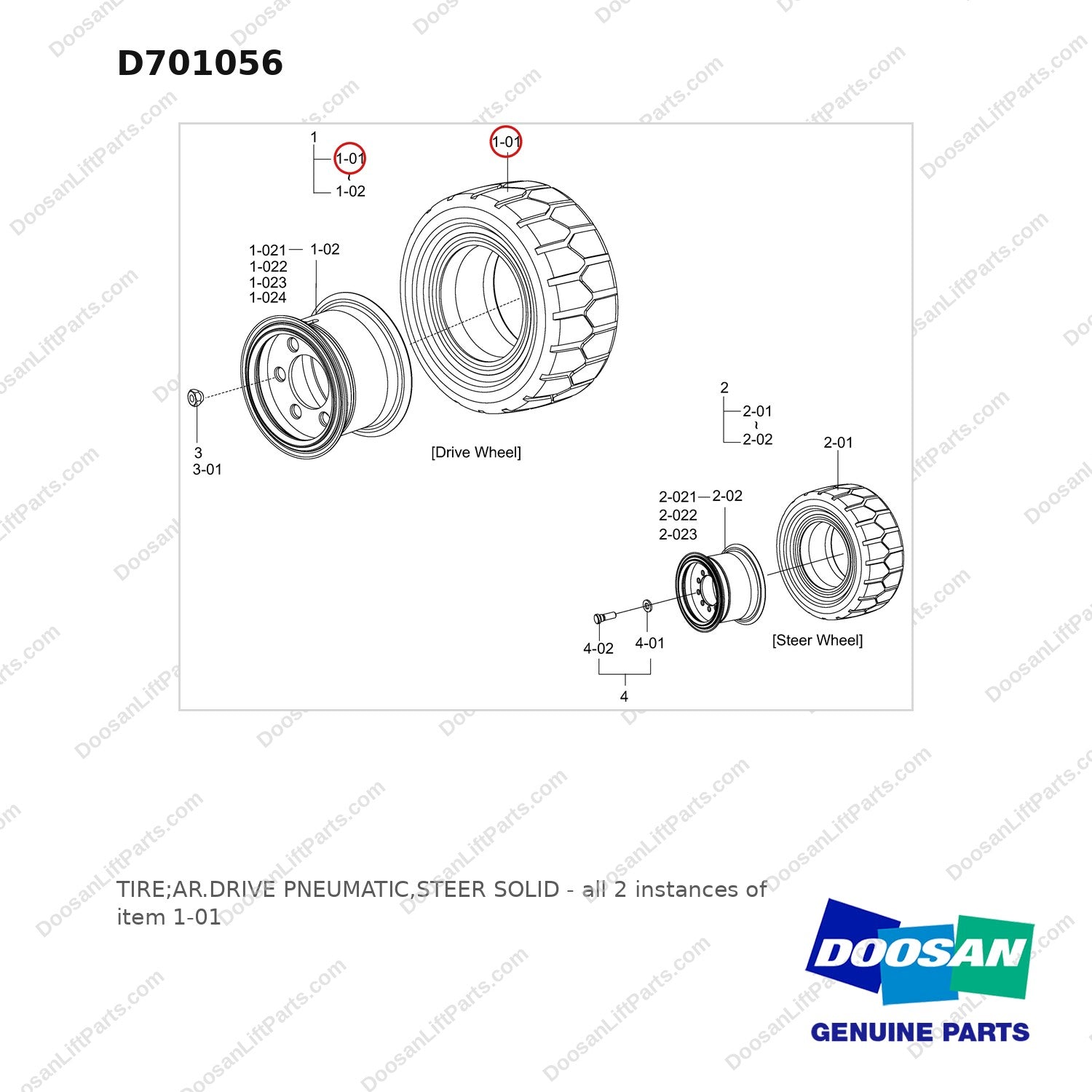 D701056 TIRE;AR.DRIVE PNEUMATIC,STEER SOLID - full parts diagram, item 1-01 marked - genuine Doosan / Bobcat forklift part