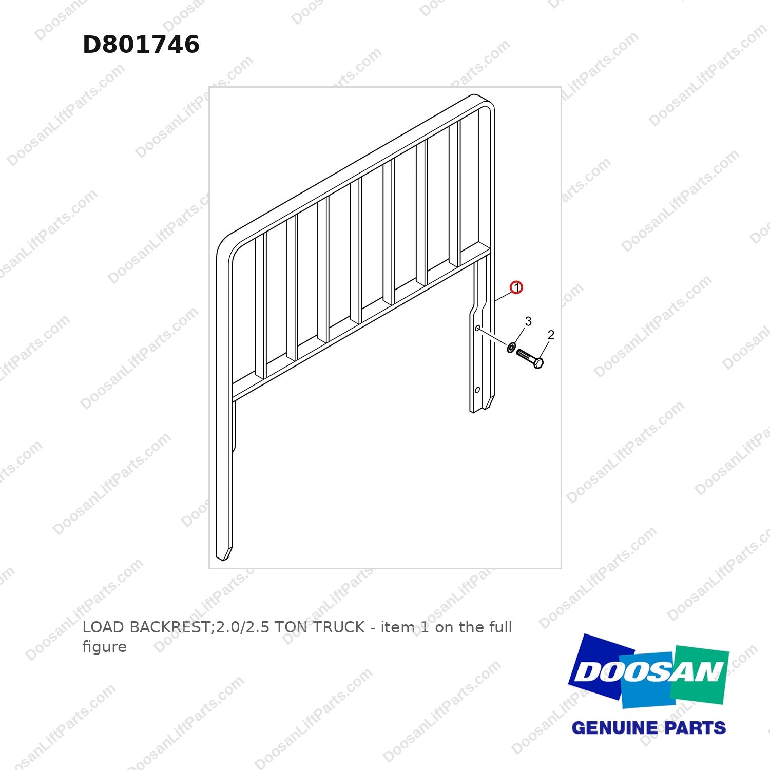 D801746 LOAD BACKREST;2.0/2.5 TON TRUCK - full parts diagram, item 1 marked - genuine Doosan / Bobcat forklift part