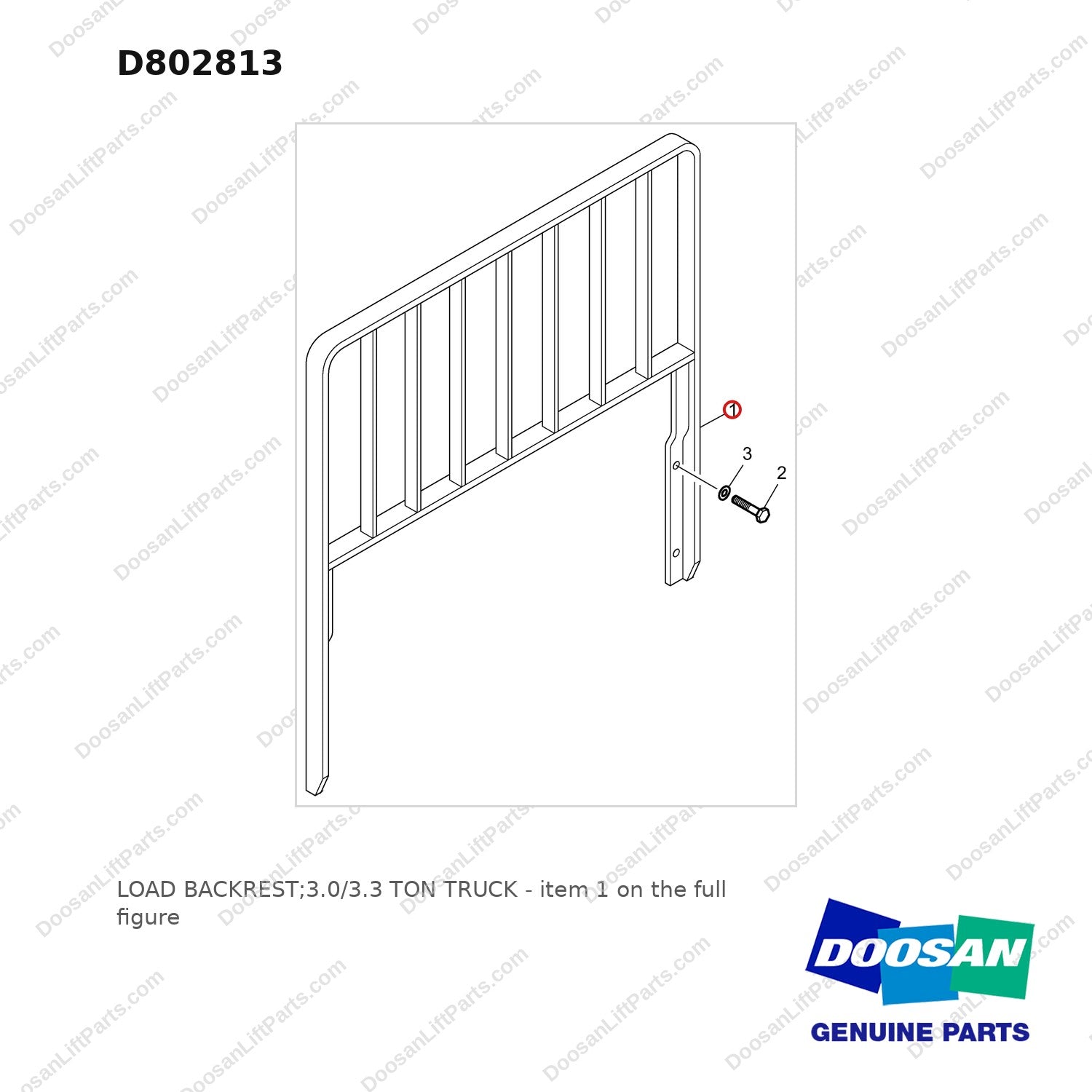 D802813 LOAD BACKREST;3.0/3.3 TON TRUCK - full parts diagram, item 1 marked - genuine Doosan / Bobcat forklift part