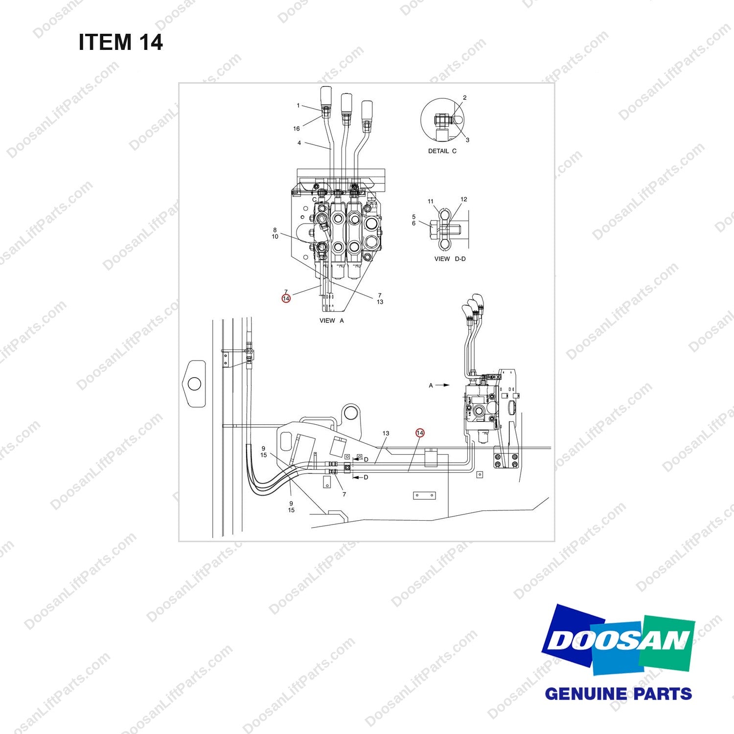 D810499 CHANGEOVER AR.-C/V GP - (3/2--->  3/3) - full parts diagram, item 14 marked - genuine Doosan / Bobcat forklift part