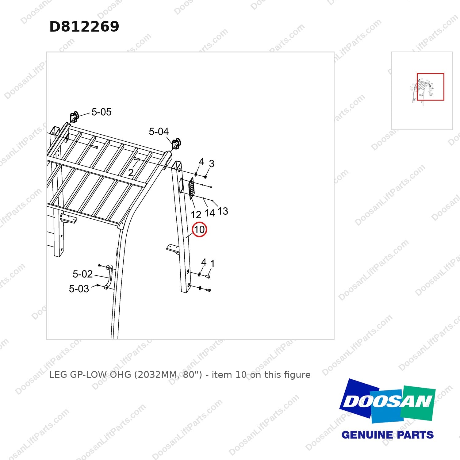 D812269 LEG GP-LOW OHG (2032MM, 80") - parts diagram, item 10 shown - genuine Doosan / Bobcat forklift part